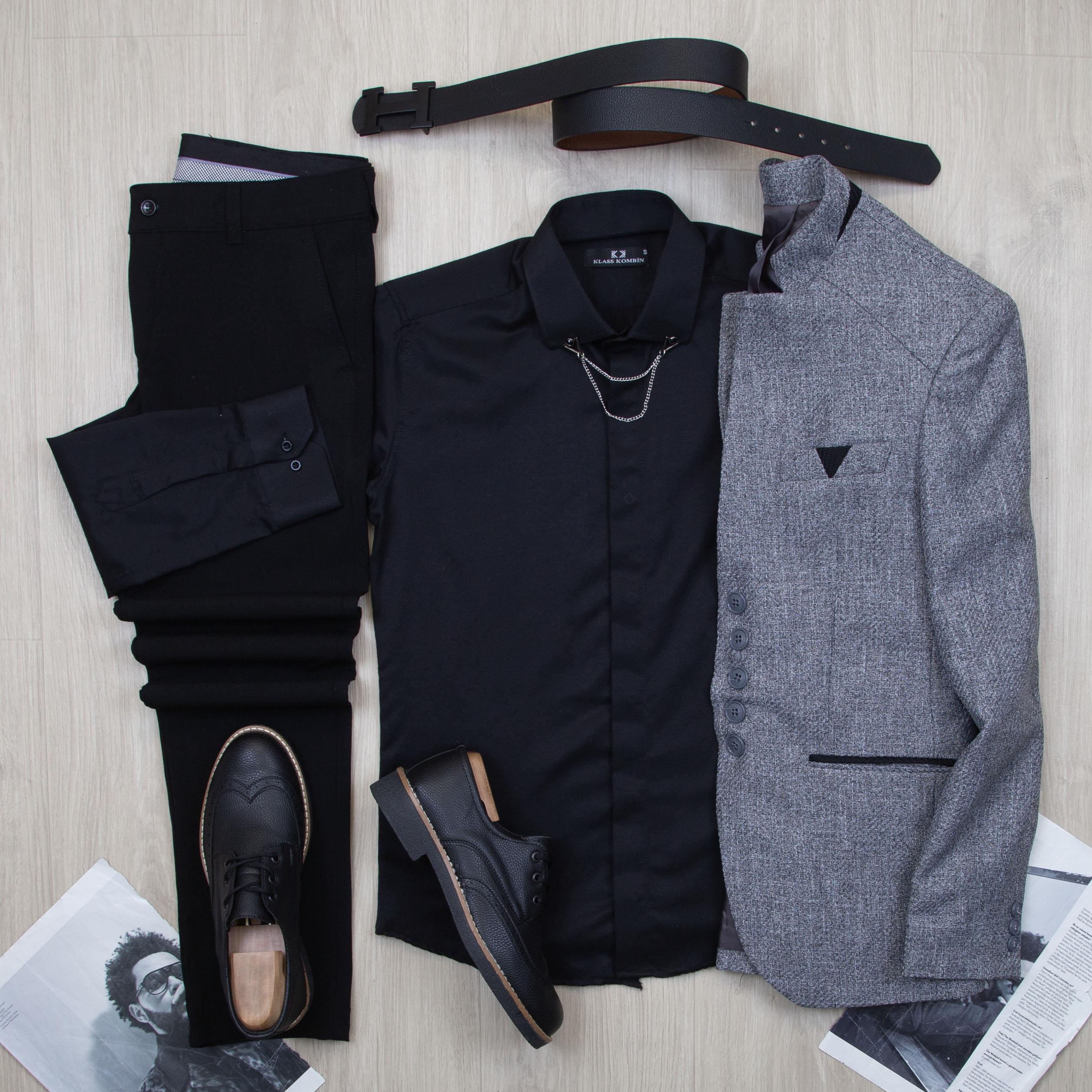 Gri Dik Yaka Blazer Ceket Gömlek Pantolon Ayakkabı Kombin