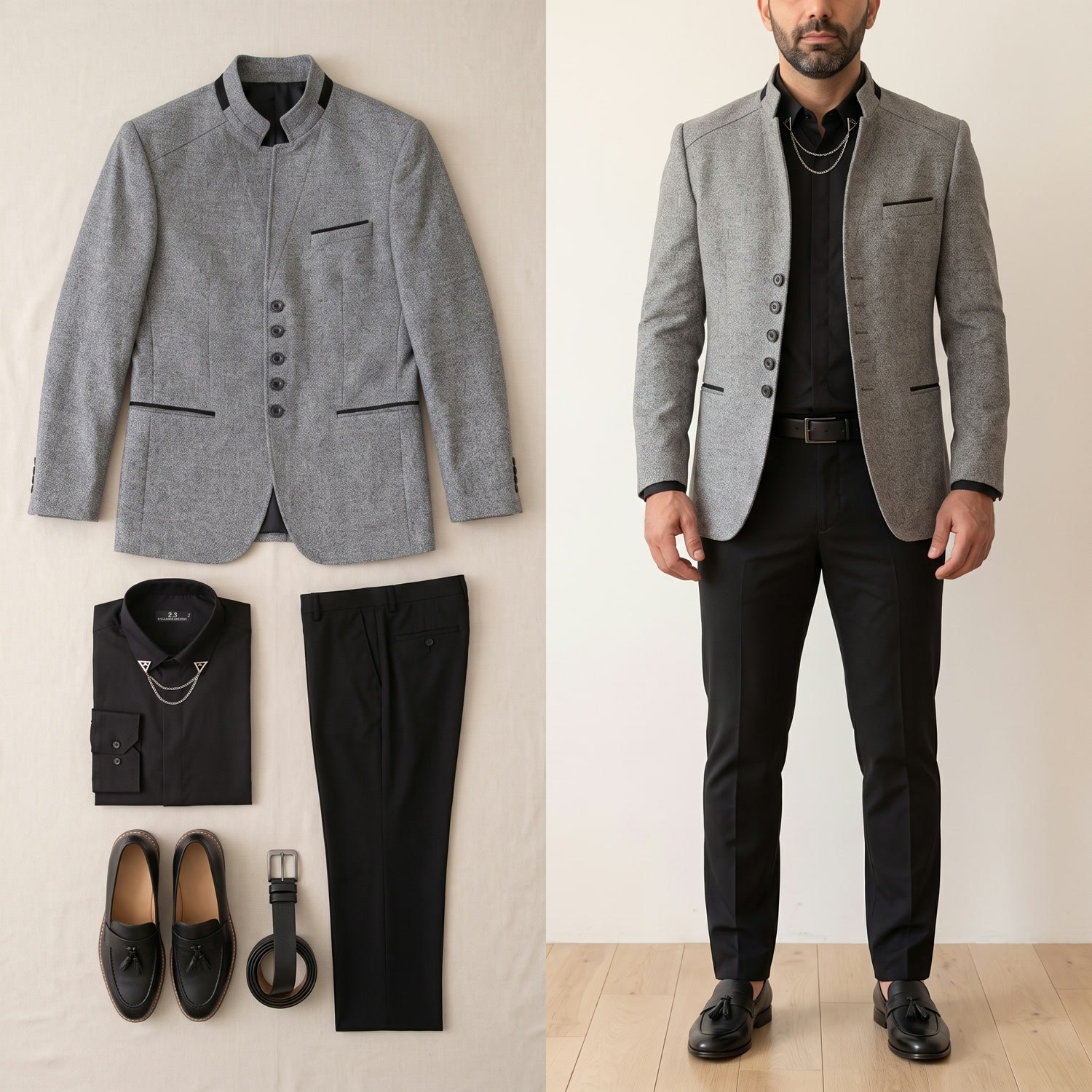 Gri Dik Yaka Blazer Ceket Kombini Erkek | Slim Fit Şık Komple Set 