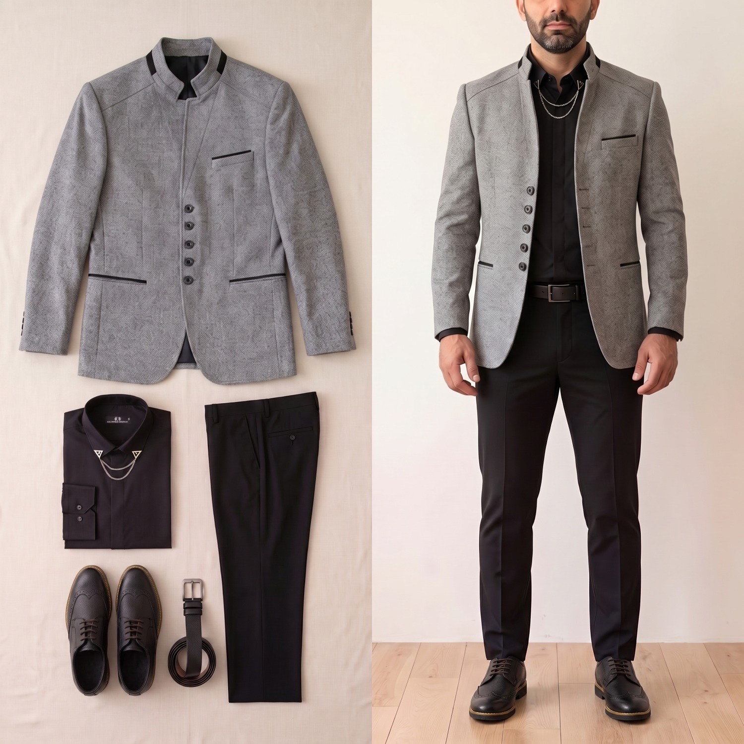 Gri Dik Yaka Blazer Ceket Kombini Erkek | Slim Fit Şık Komple Set 