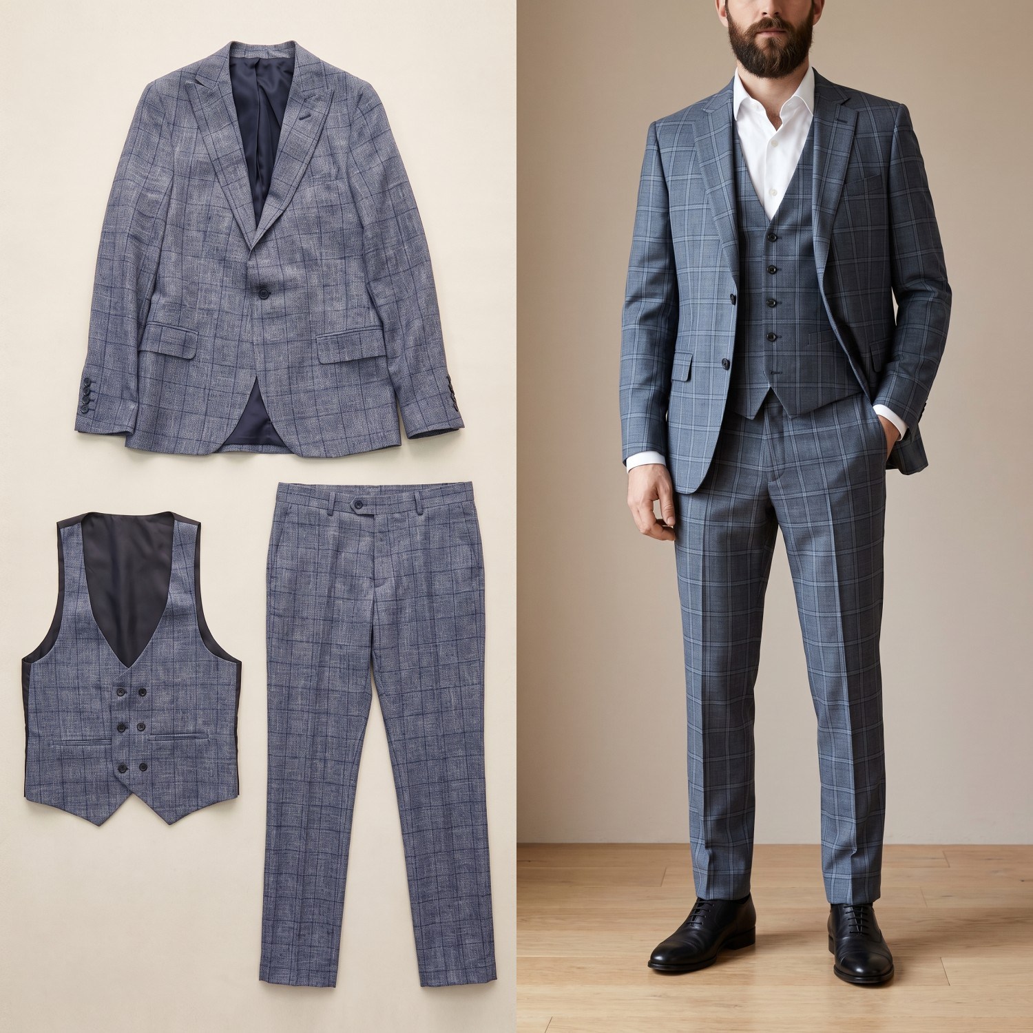 Gri Ekose Yelekli Takım Elbise Erkek | Slim Fit İndirimli Takım