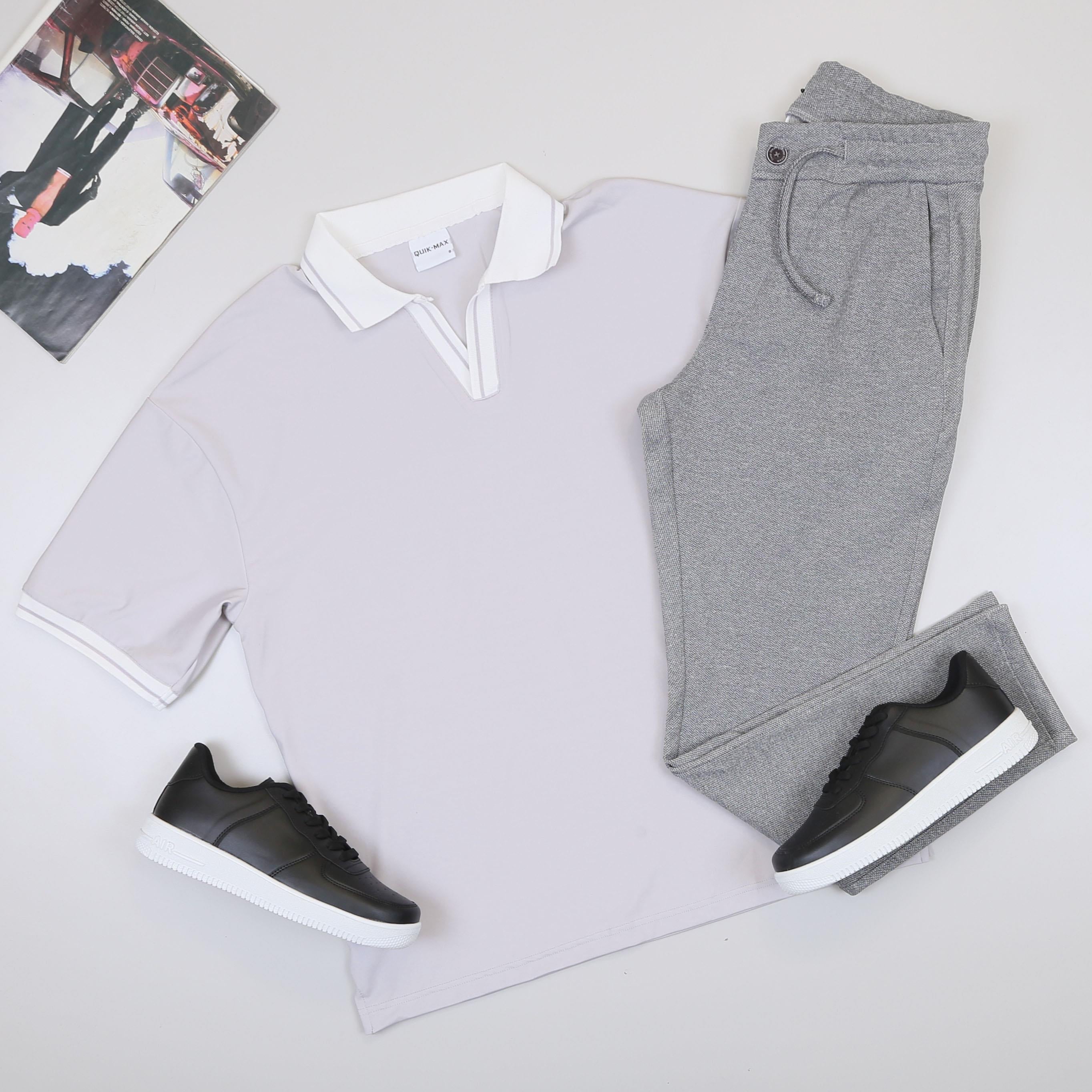 Gri Forma Kumaş Polo Yaka Tişört Pantolon Ayakkabı Kombin