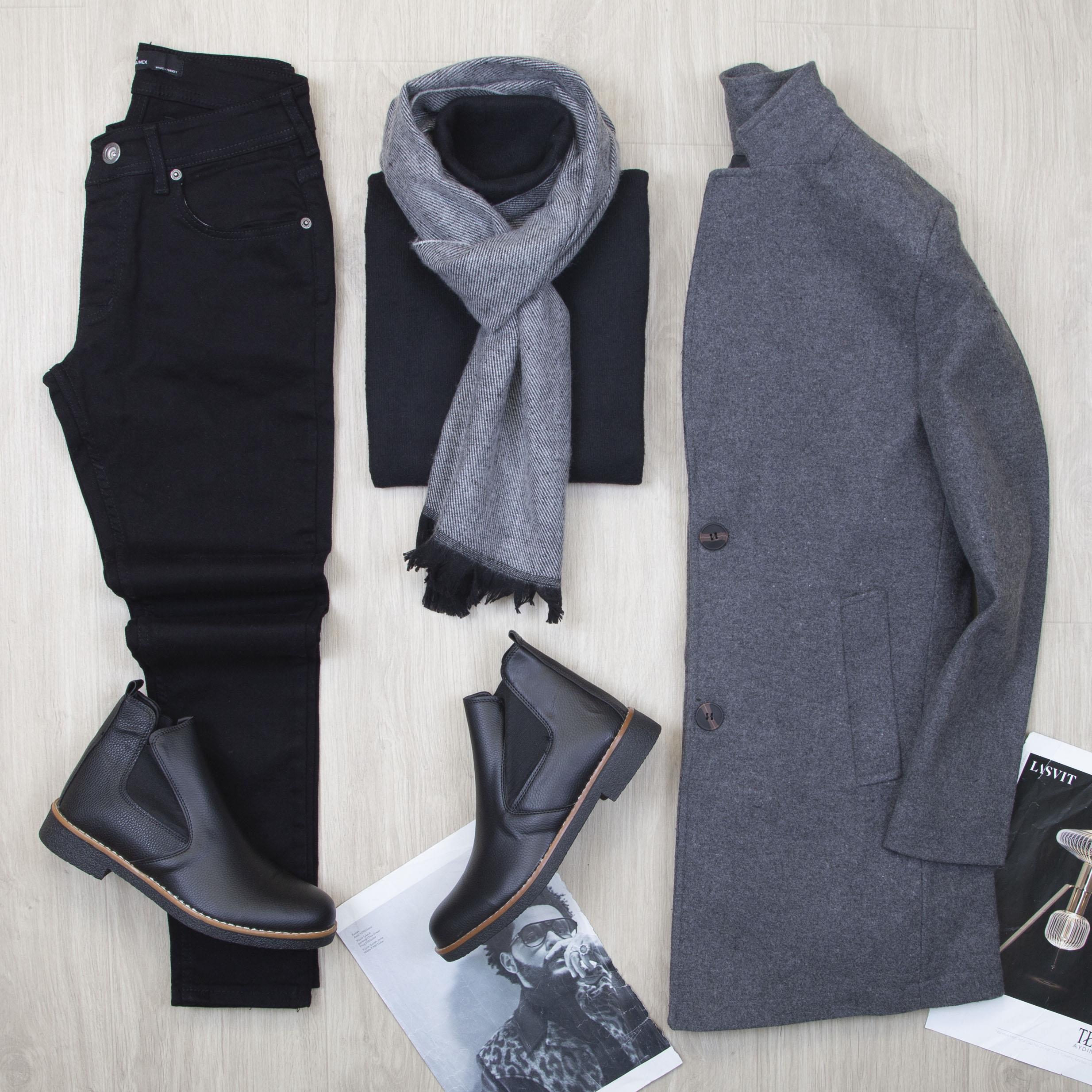 Gri Kaşe Kaban Boğazlı Body Pantolon Bot Kombin