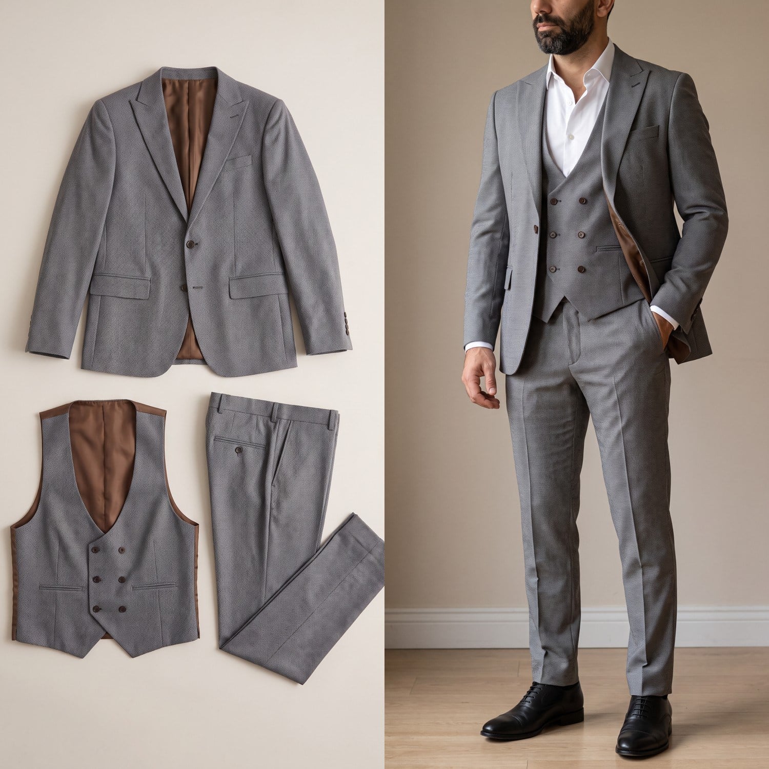 Gri Kruvaze Yelekli Takım Elbise Erkek | Slim Fit İndirimli Takım