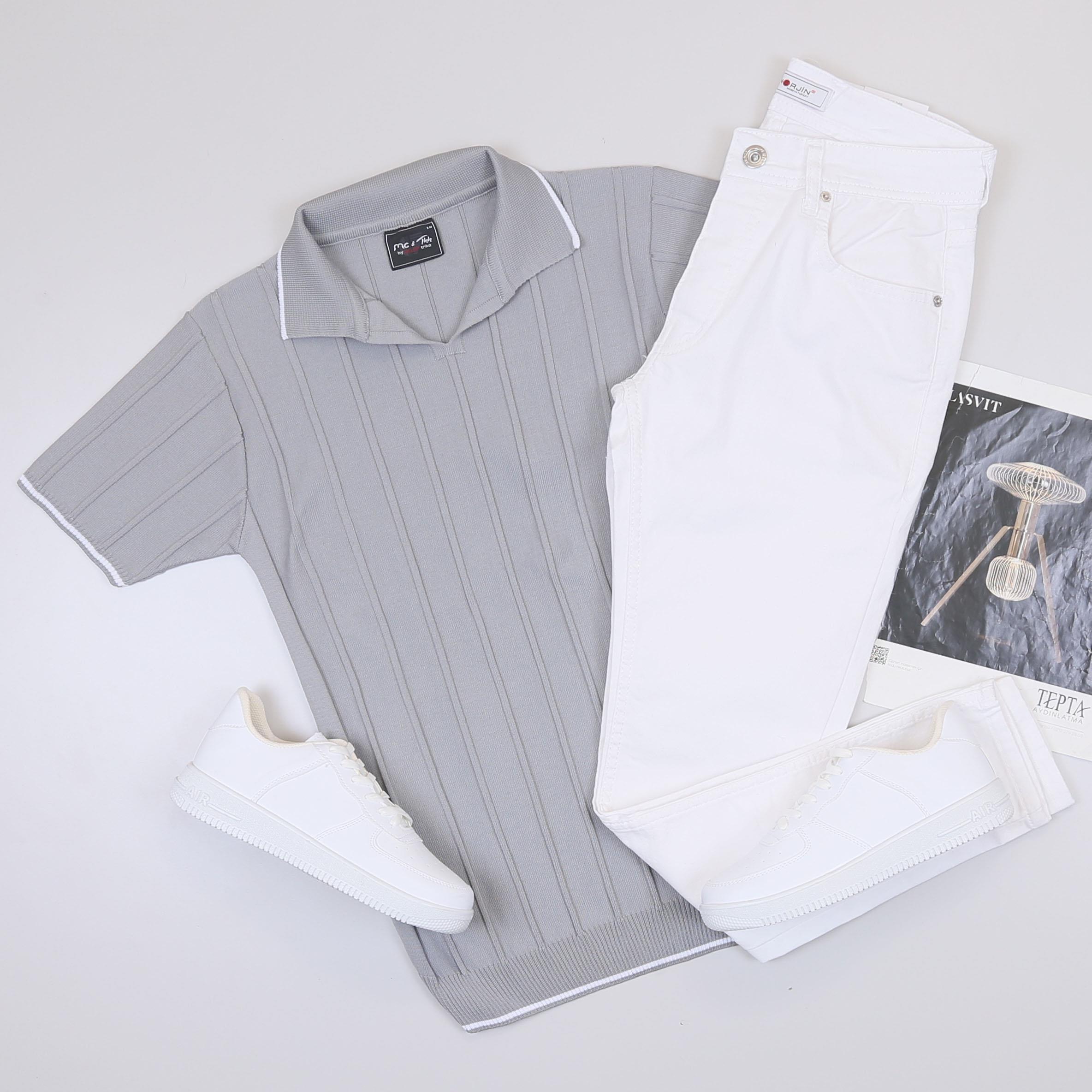 Gri Triko Polo Yaka Tişört Pantolon Ayakkabı Kombin