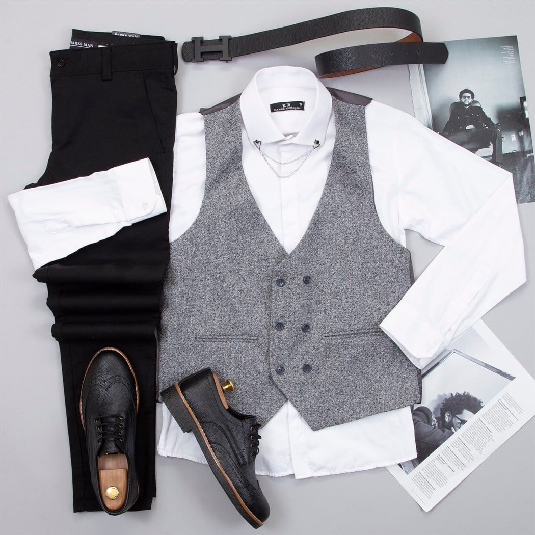 Gri Yelek Gömlek Pantolon Ayakkabı Kombin