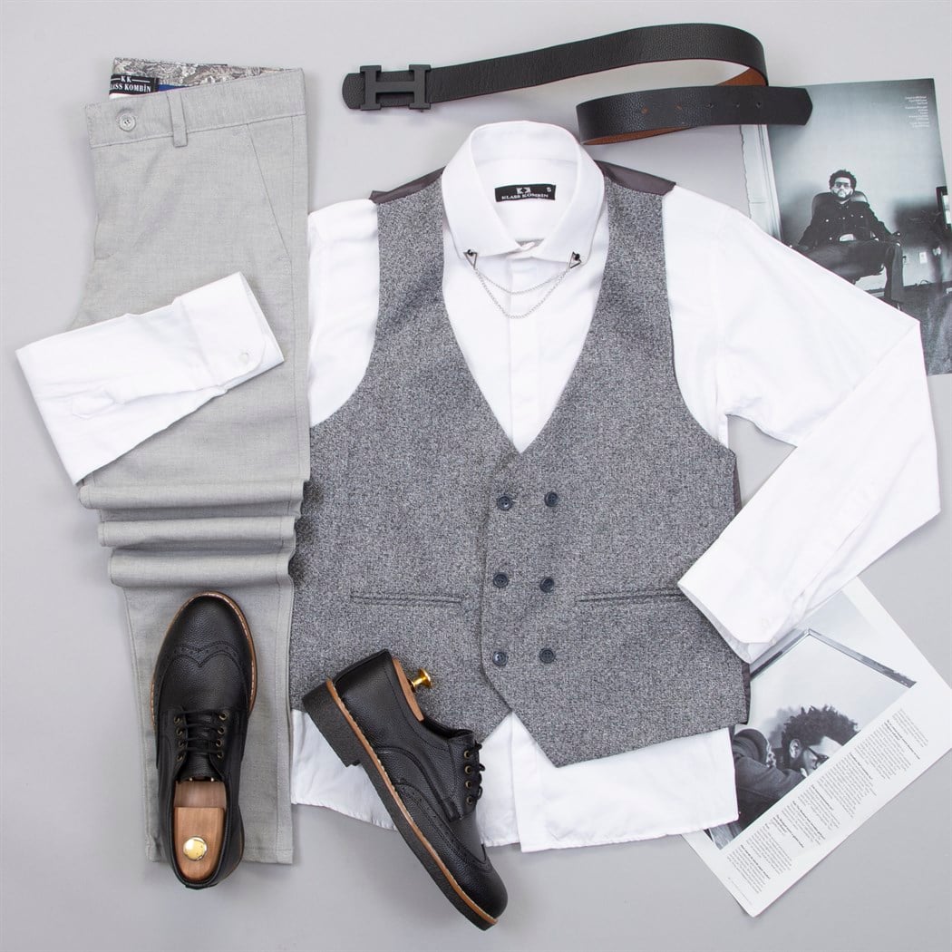 Gri Yelek Gömlek Pantolon Ayakkabı Kombin