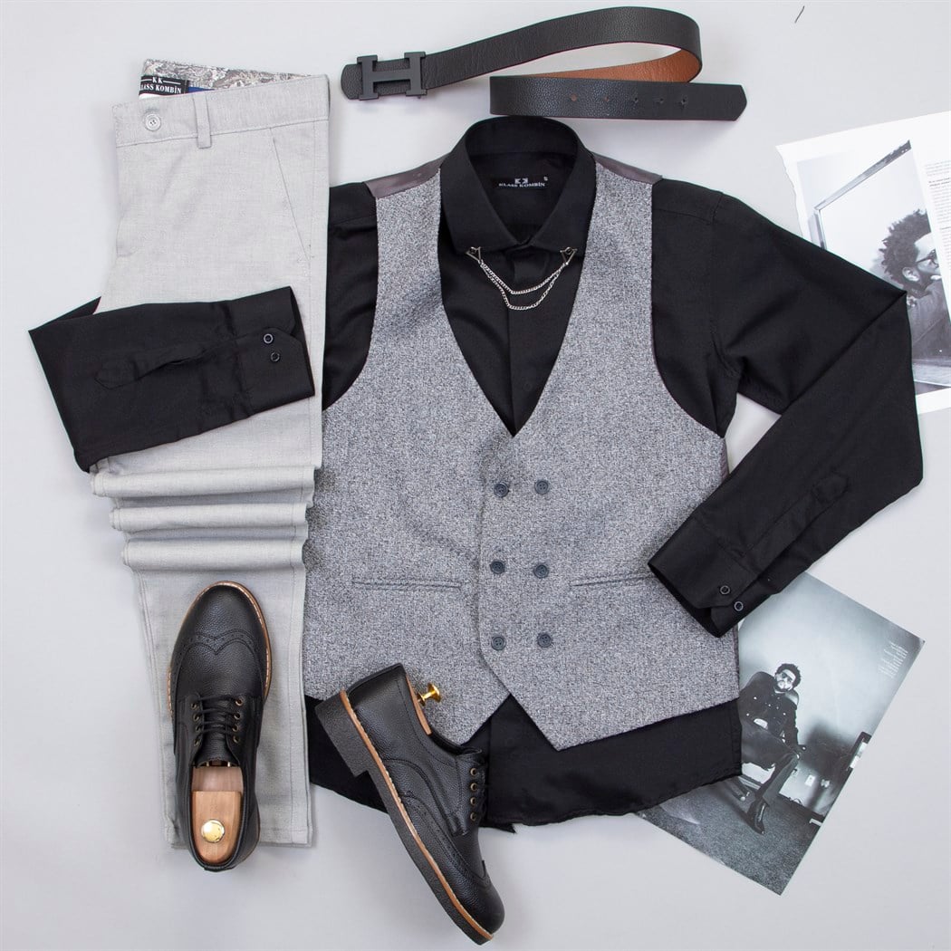 Gri Yelek Gömlek Pantolon Ayakkabı Kombin