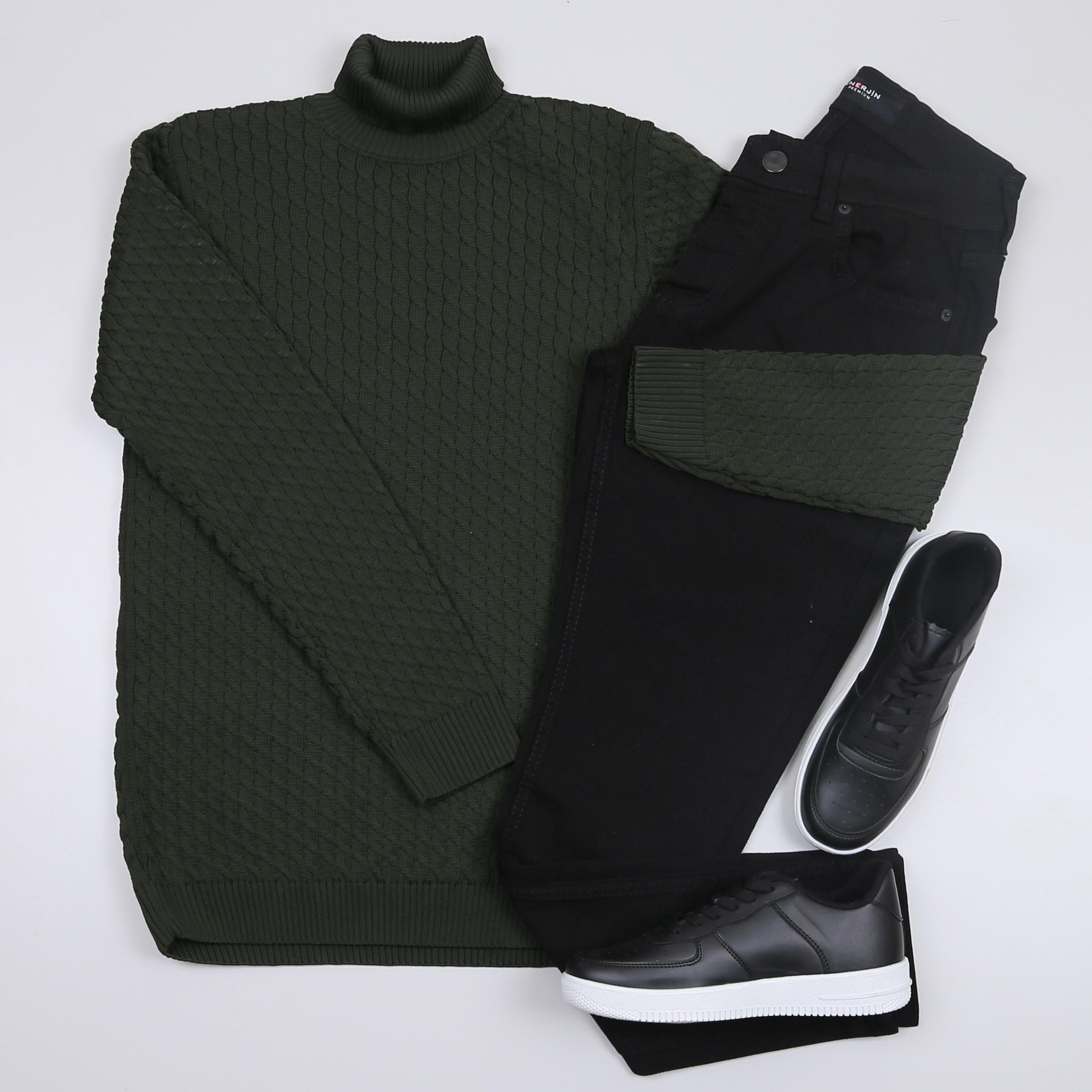 Haki Boğazlı triko siyah kot Pantolon