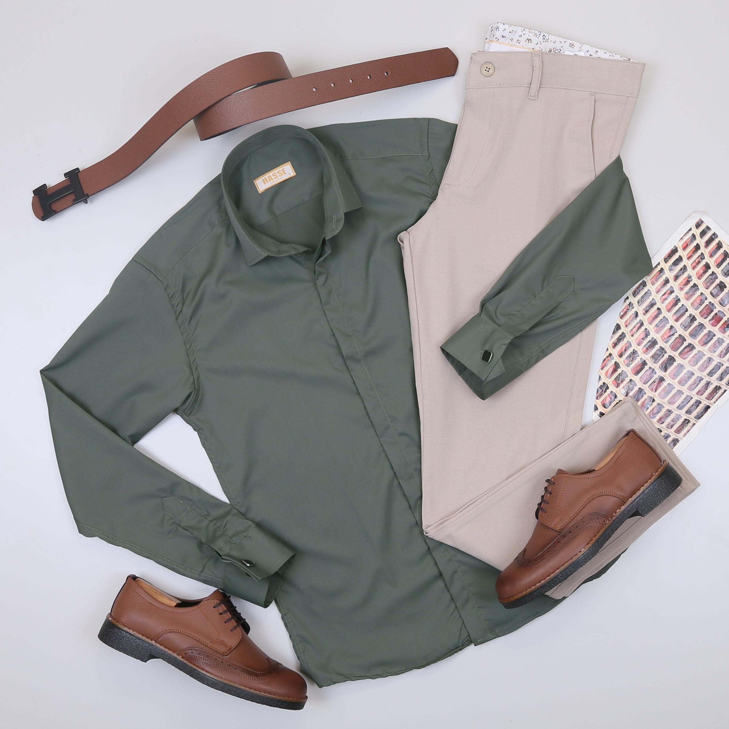 Haki Gömlek Bej Pantolon Ayakkabı Kombin