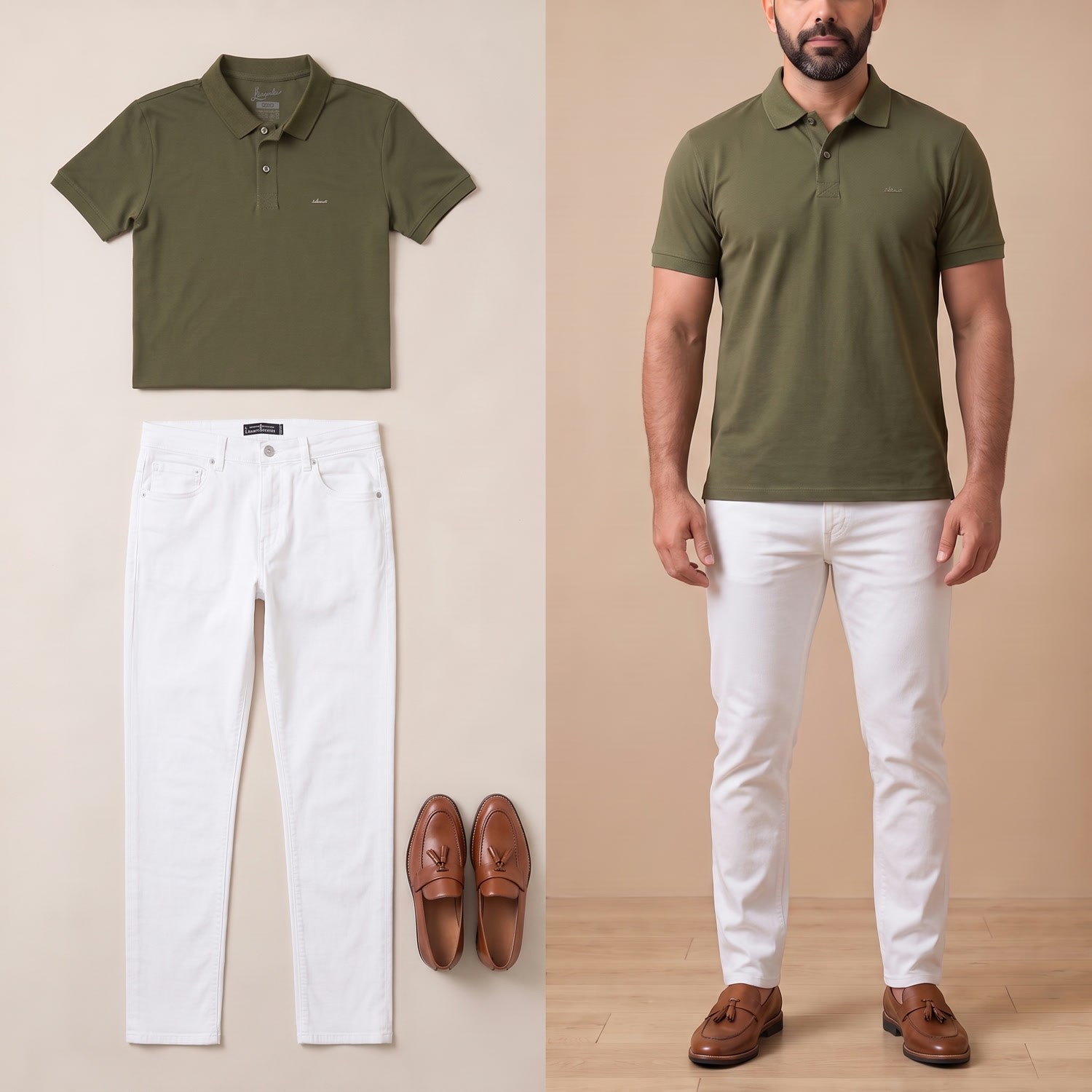 Haki Polo Yaka Tişört Kombini Erkek | Slim Fit Şık Komple Set 