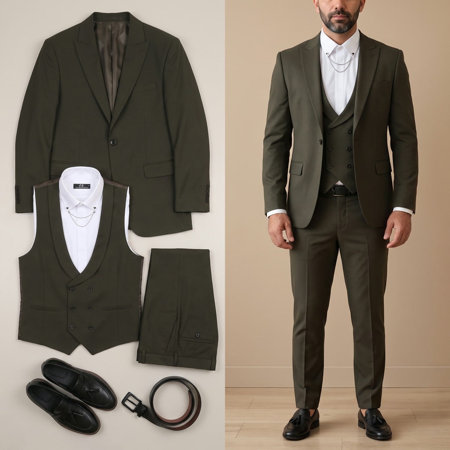 Haki Takım Elbise Kombini Erkek | Slim Fit Şık Komple Set 