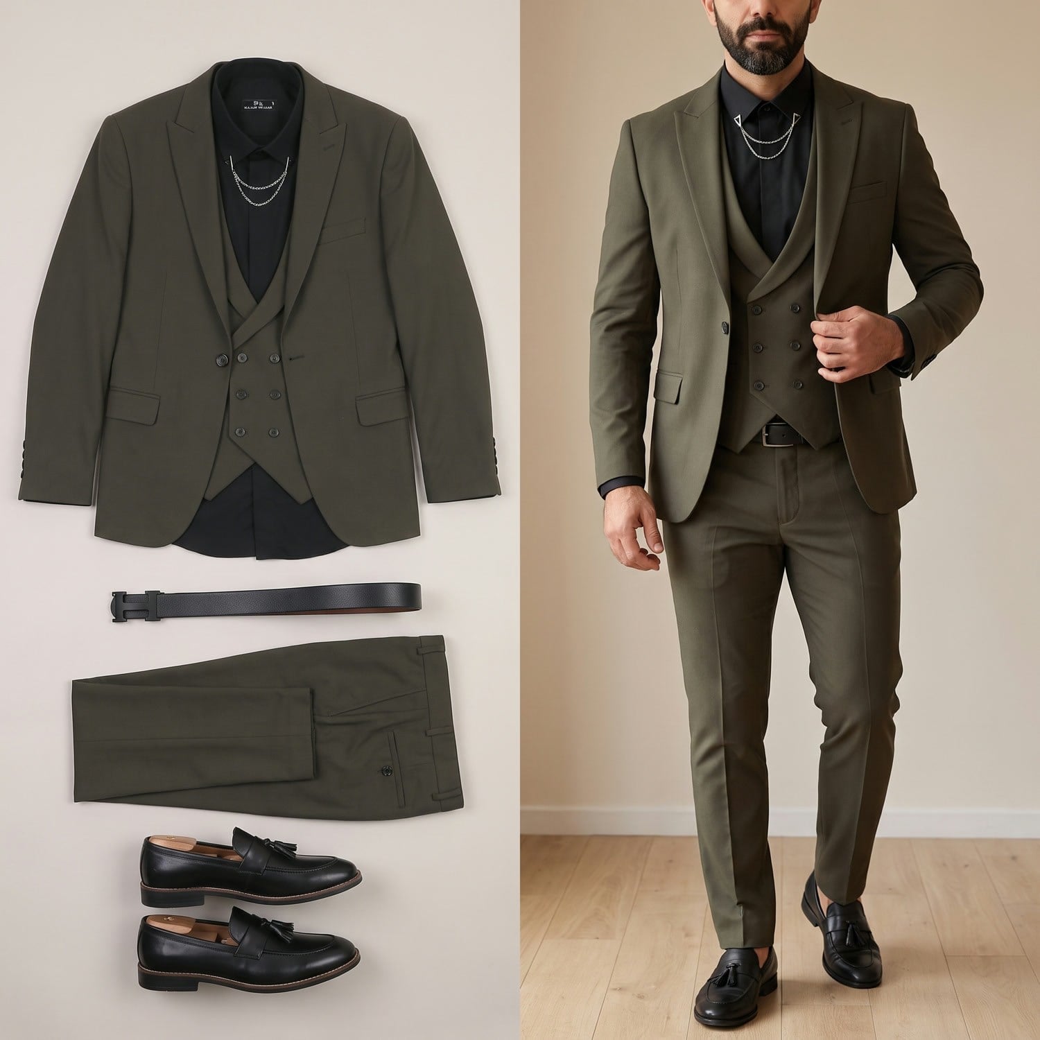 Haki Takım Elbise Kombini Erkek | Slim Fit Şık Komple Set 