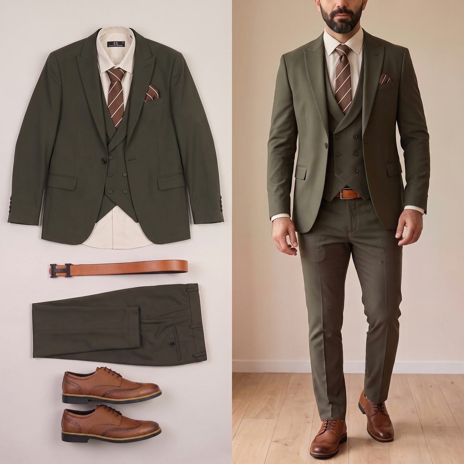 Haki Takım Elbise Kombini Erkek | Slim Fit Şık Komple 