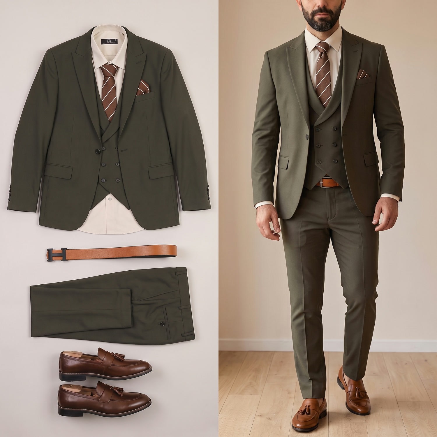 Haki Takım Elbise Kombini Erkek | Slim Fit Şık Komple 