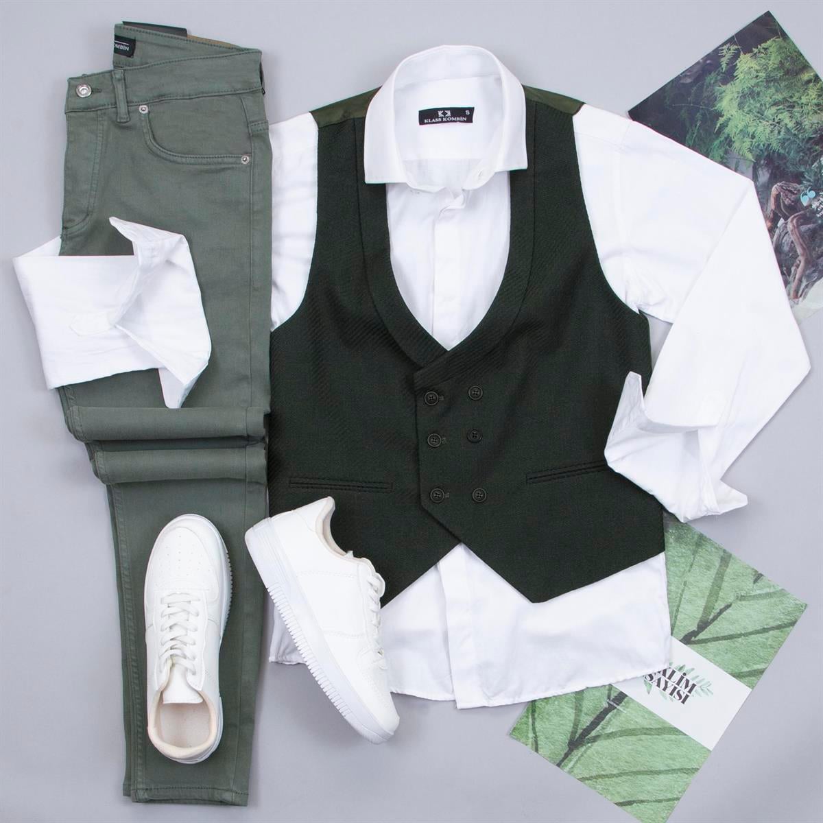 Haki Yelek Gömlek Pantolon Ayakkabı Kombin