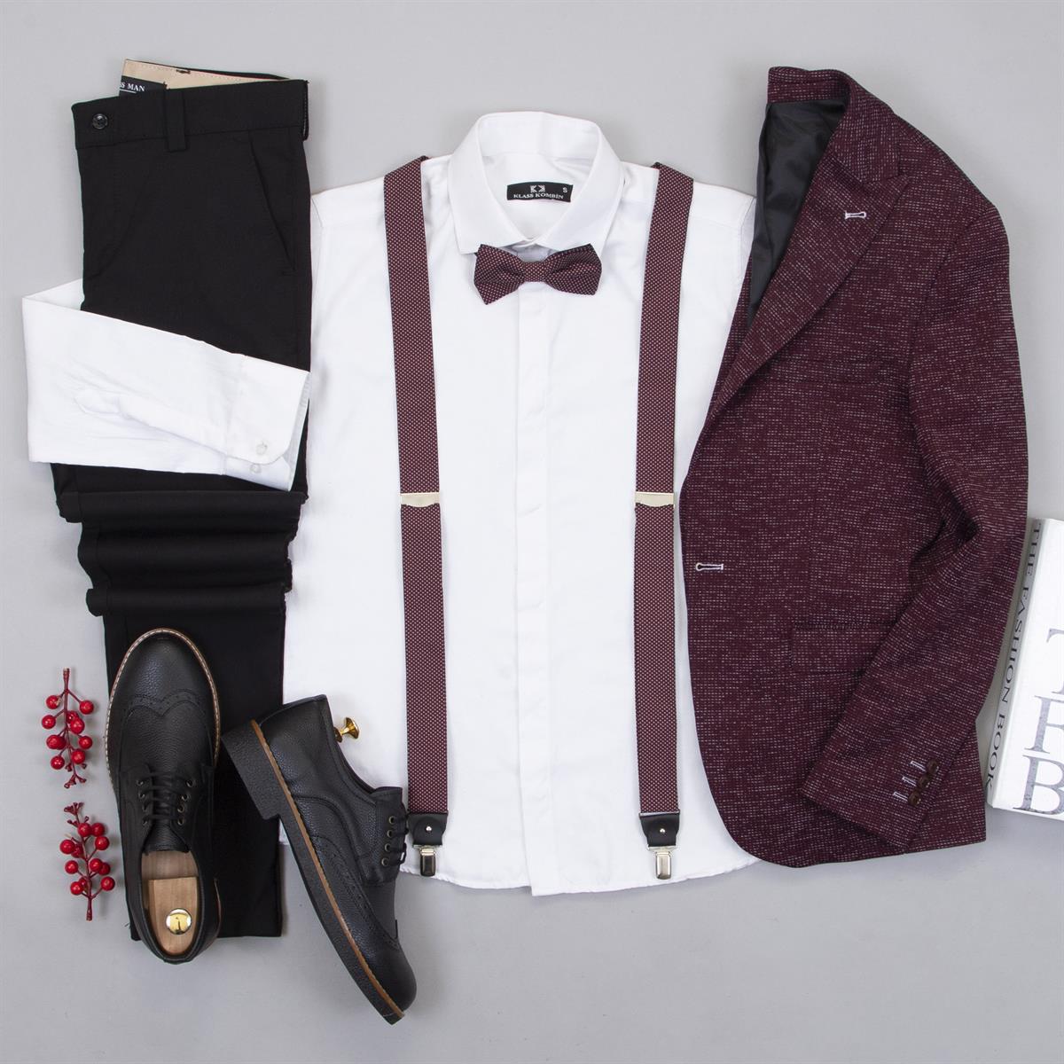 Kırçıllı Bordo Blazer Ceket Gömlek Pantolon Papyon Askı Ayakkabı Kombin