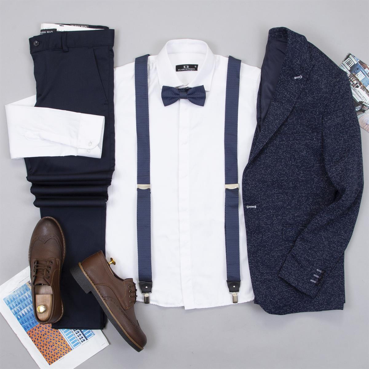 Kırçıllı Lacivert Blazer Ceket Gömlek Pantolon Papyon Askı Ayakkabı Kombin