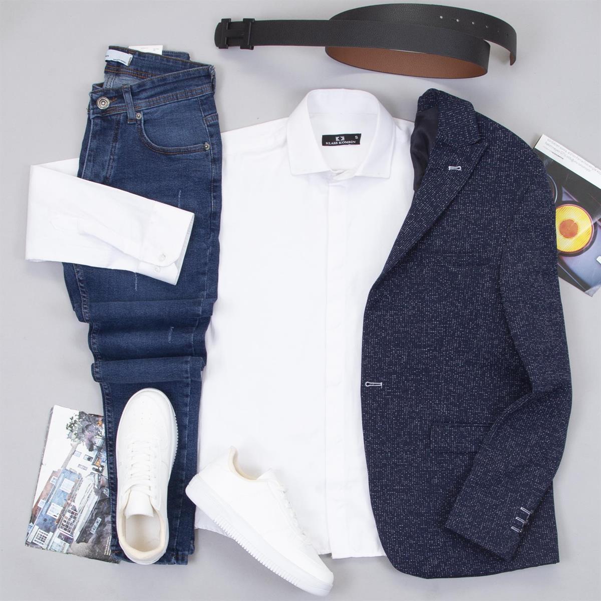 Kırçıllı Lacivert Blazer Ceket Tişört Pantolon Ayakkabı Kombin