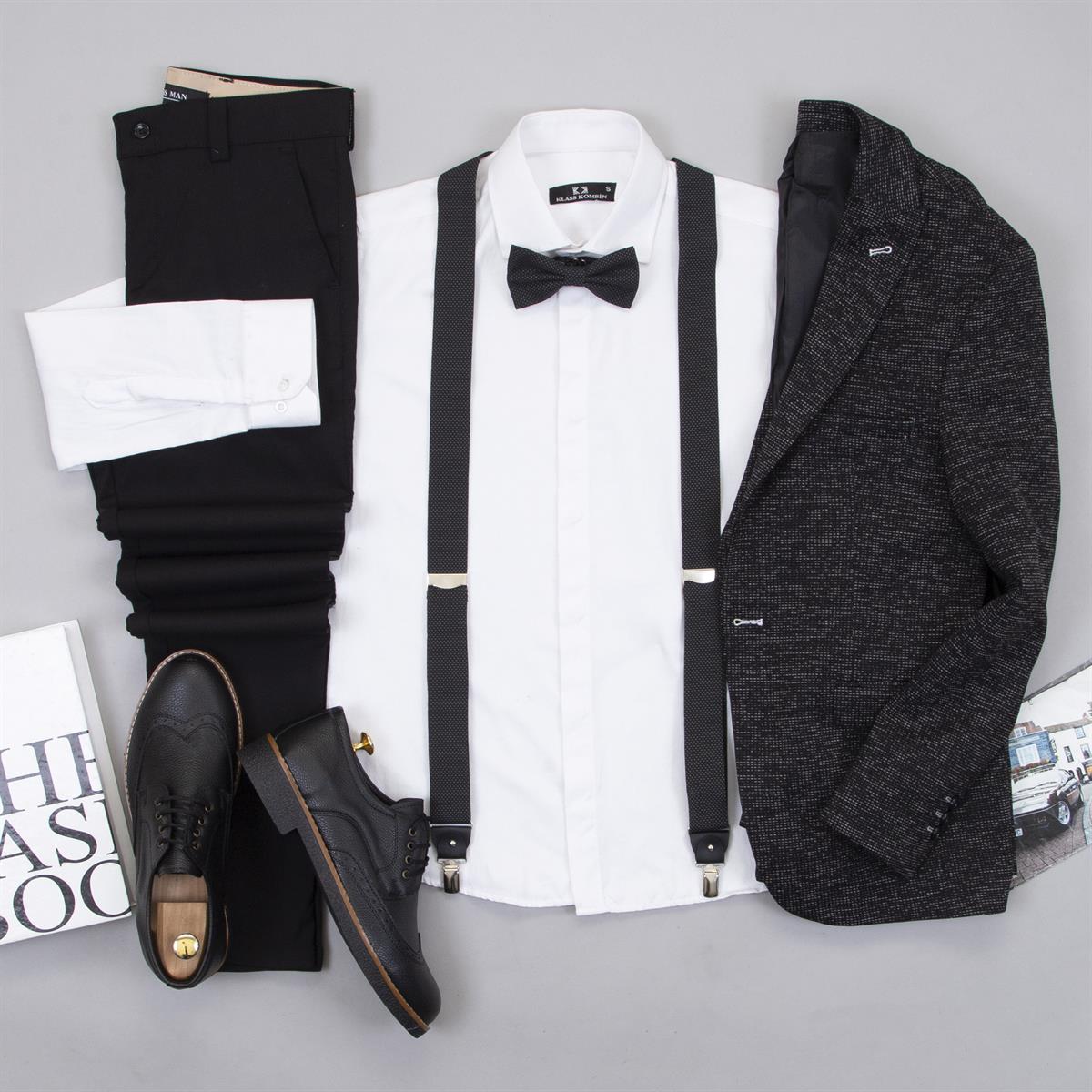 Kırçıllı Siyah Blazer Ceket Gömlek Pantolon Papyon Askı Ayakkabı Kombin