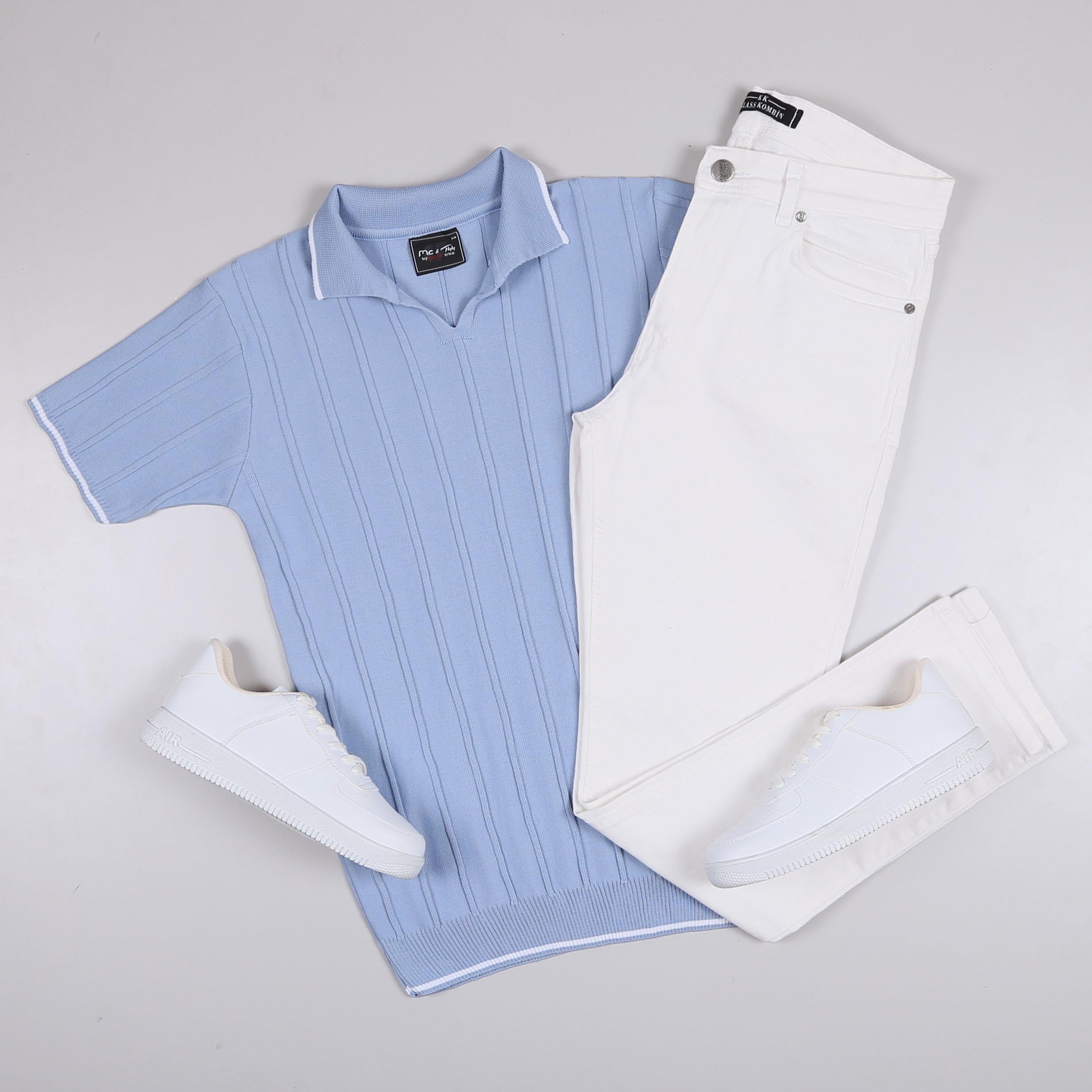 Koyu Mavi Triko Polo Yaka Tişört Pantolon Ayakkabı Kombin