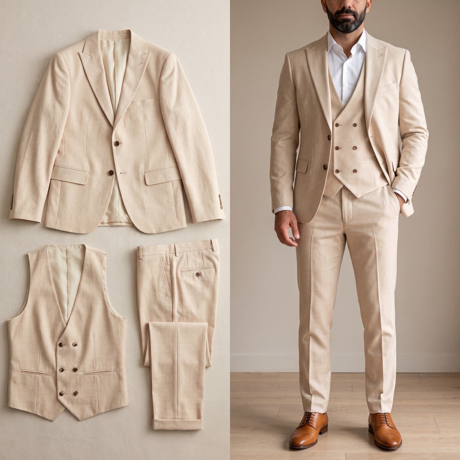 Krem Kruvaze Yelekli Takım Elbise Erkek | Slim Fit İndirimli Takım