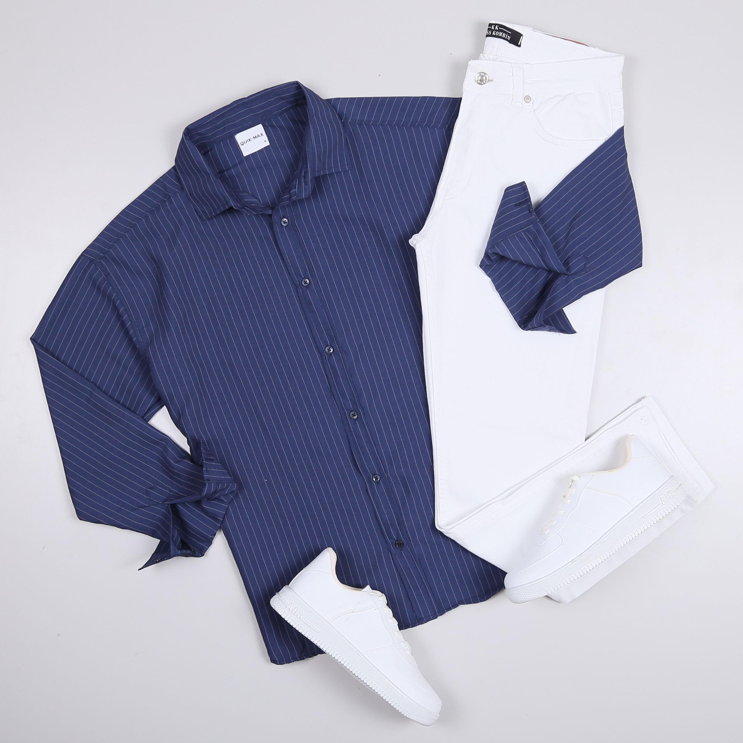 Lacivert Çizgili Gömlek Pantolon Ayakkabı Kombin