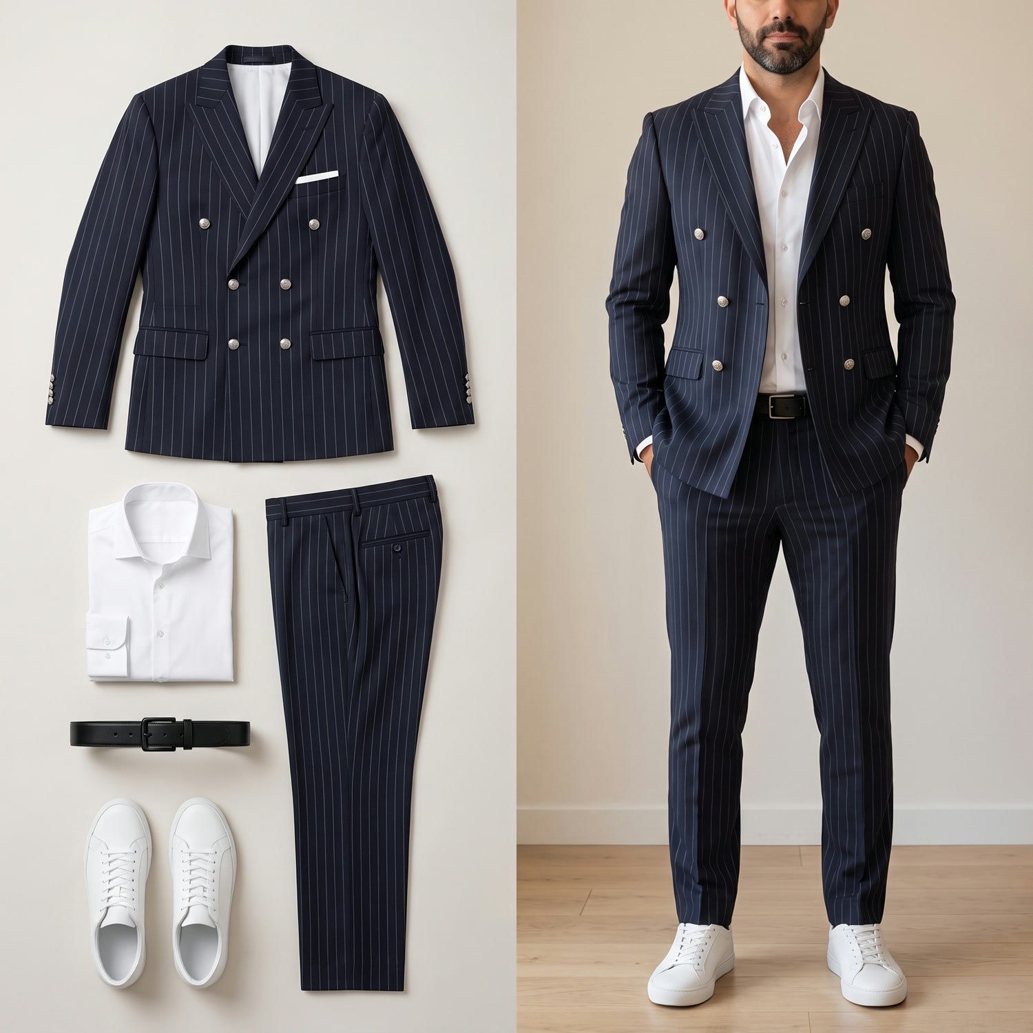 Lacivert Çizgili Kruvaze Takım Elbise Kombini Erkek | Slim Fit Şık Komple Set