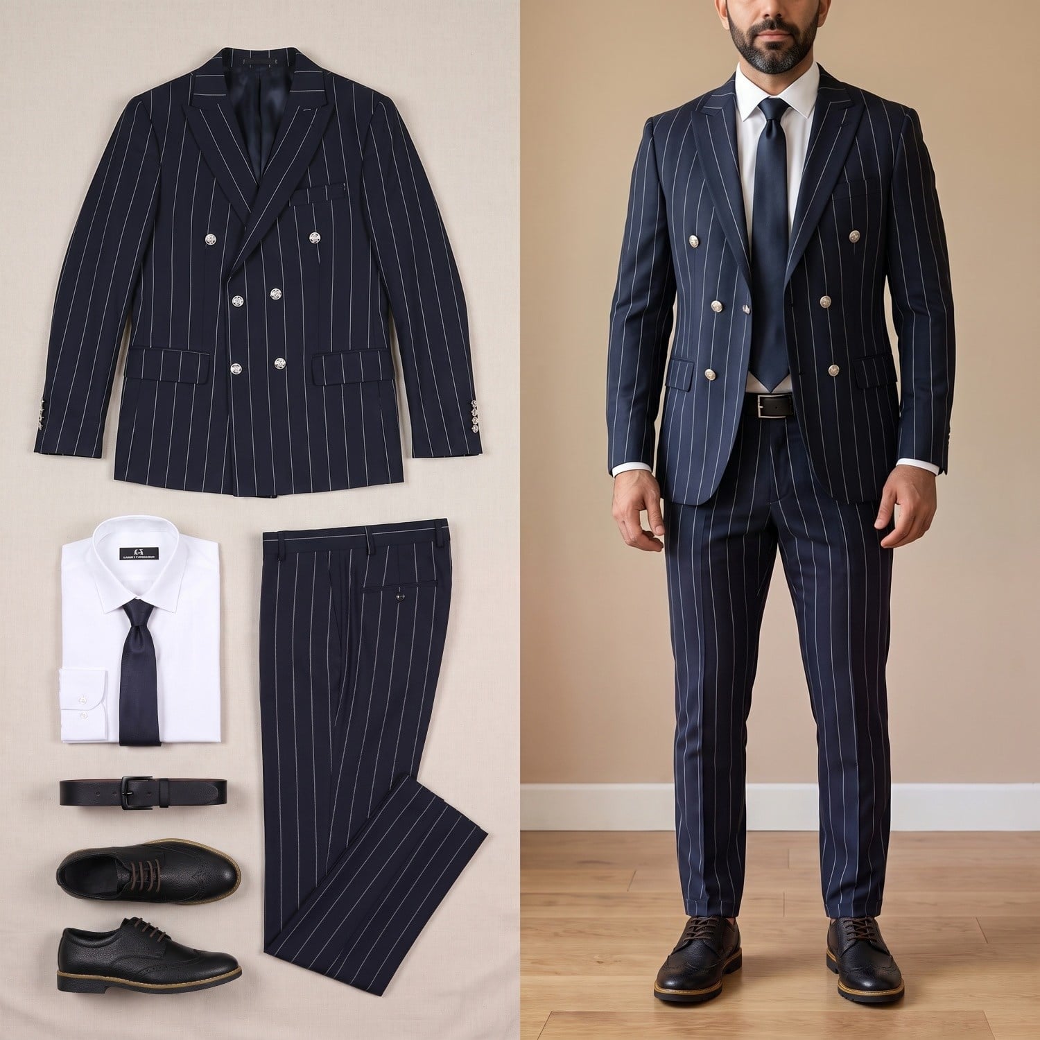 Lacivert Çizgili Kruvaze Takım Elbise Kombini Erkek | Slim Fit Şık Komple Set 