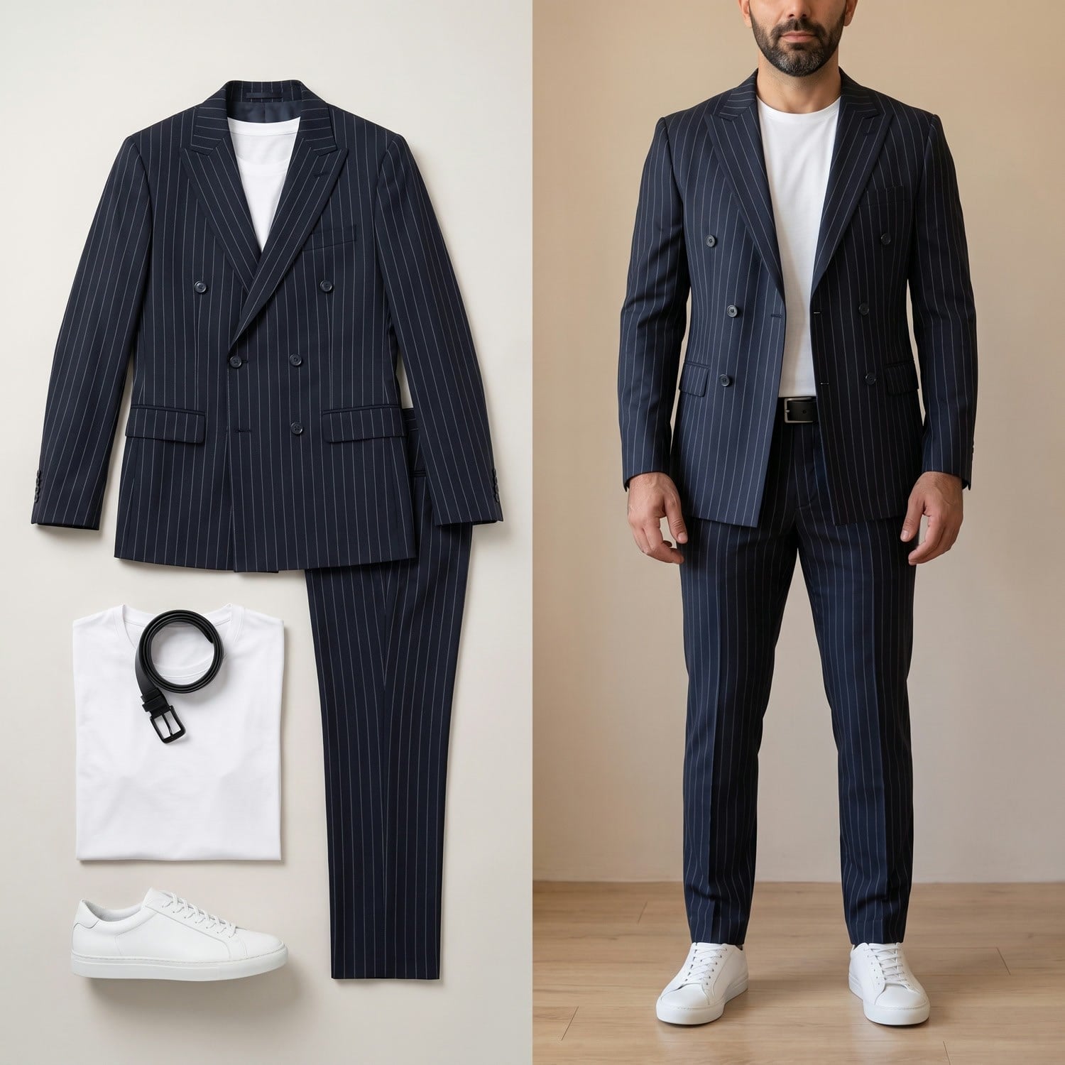 Lacivert Çizgili Kruvaze Takım Elbise Tişört Kombini Erkek | Slim Fit Şık Günlük Set 