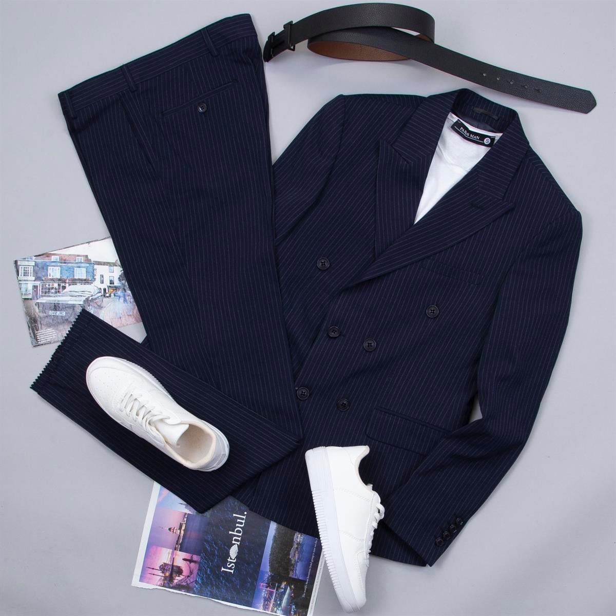 Lacivert Çizgili Kruvaze Takım Elbise Kombini