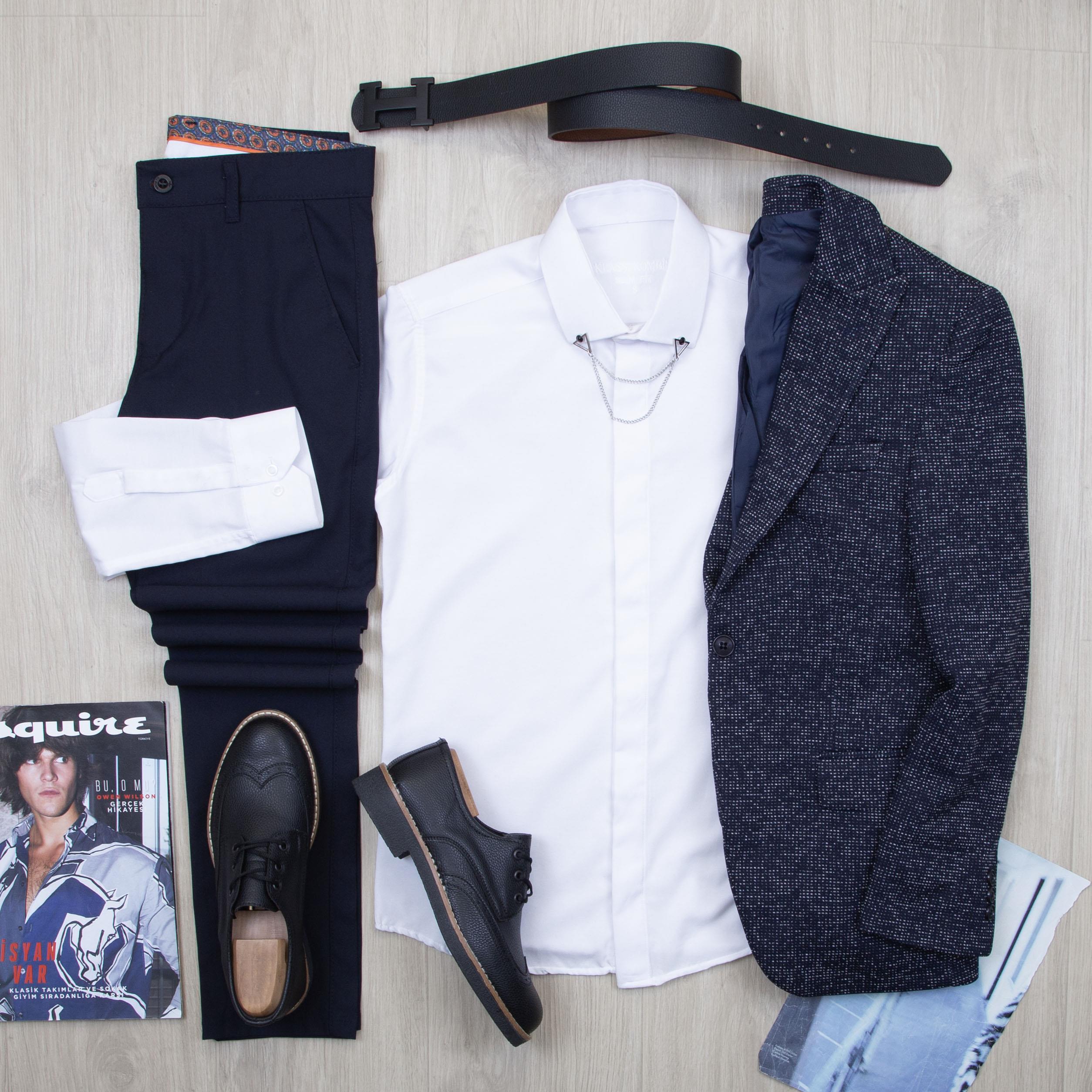 Lacivert Kırçıllı Blazer Ceket Gömlek Pantolon Ayakkabı Kombin