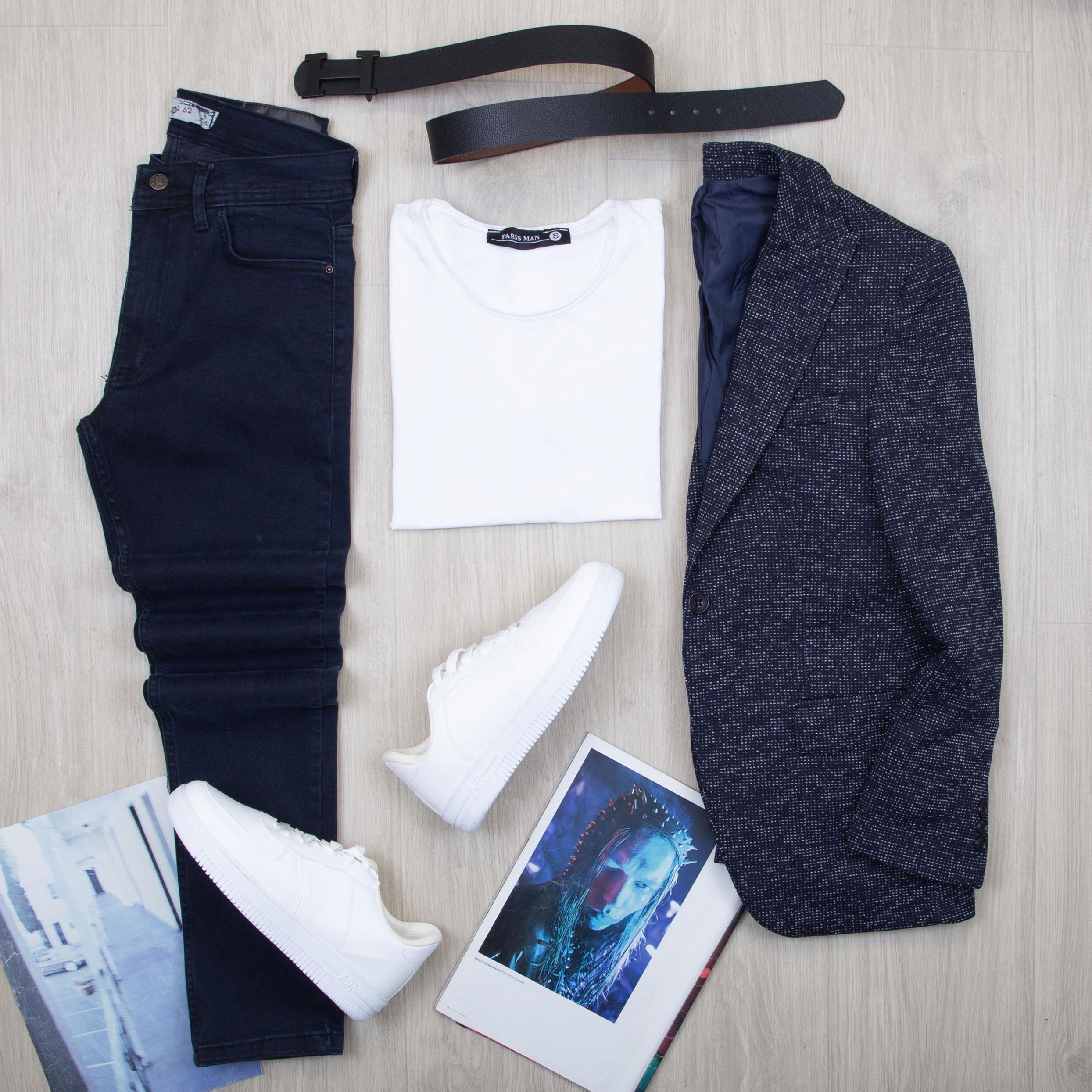 Lacivert Kırçıllı Blazer Ceket Tişört Pantolon Ayakkabı Kombin