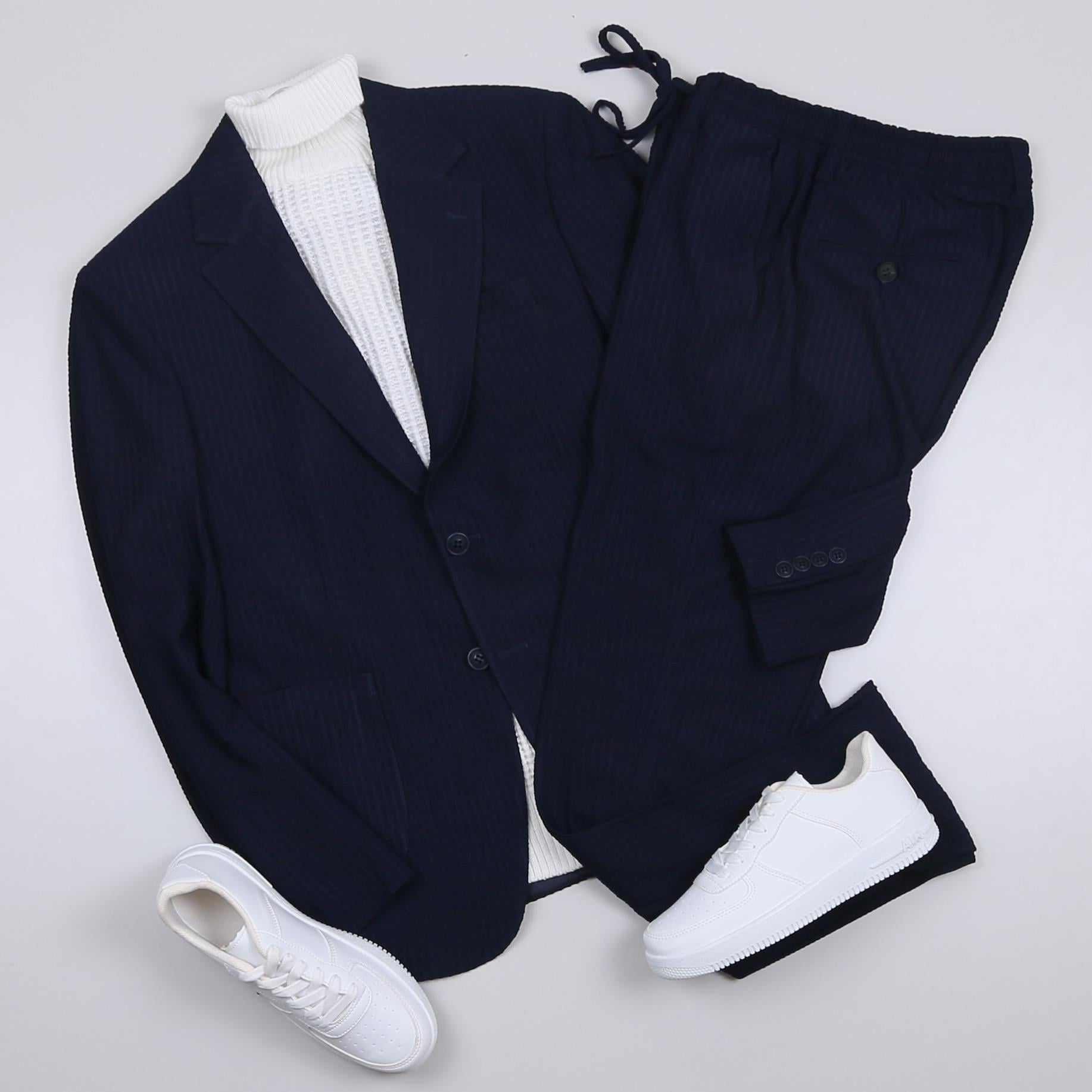 Lacivert Örgü Desenli Spor Takım Elbise Kombini