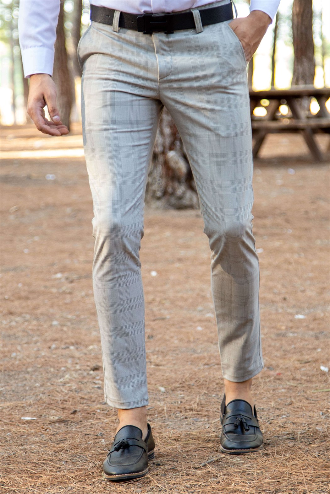 Likralı slim fit yan cep detaylı ekoseli bej pantolon