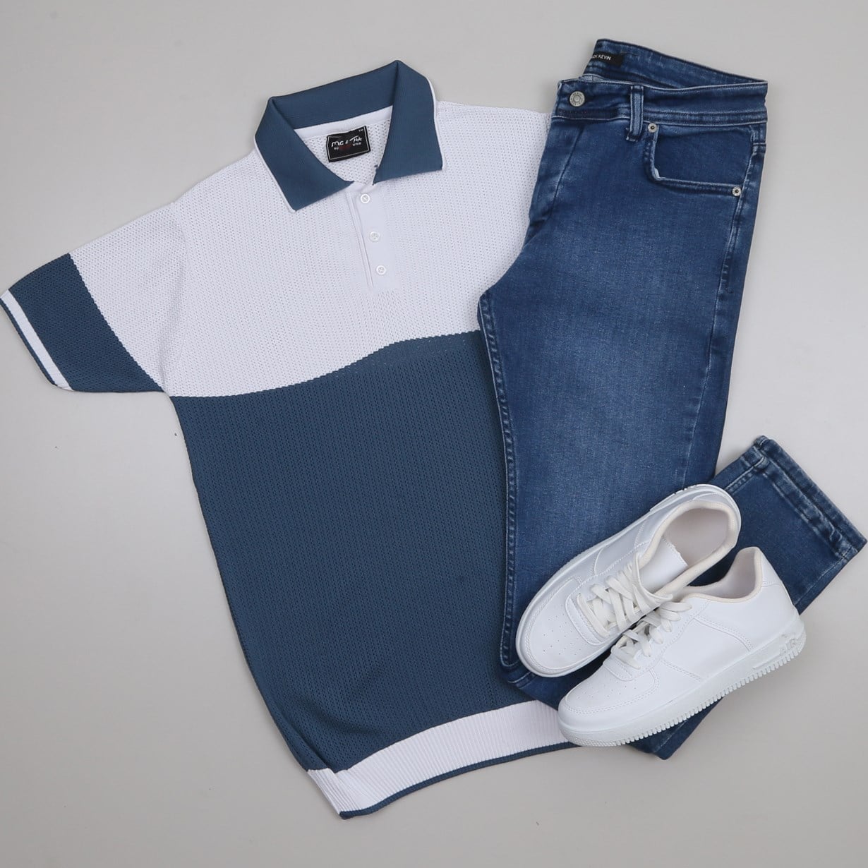 Mavi Beyaz Triko Polo Yaka Tişört Pantolon Kombini Erkek | Slim Fit Şık Günlük Set