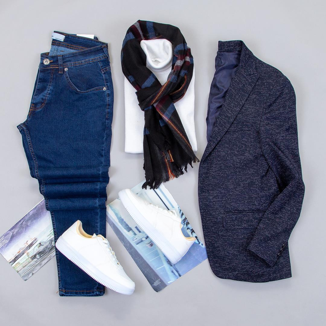 Mavi Blazer Ceket Boğazlı Body Pantolon Atkı Ayakkabı Kombin