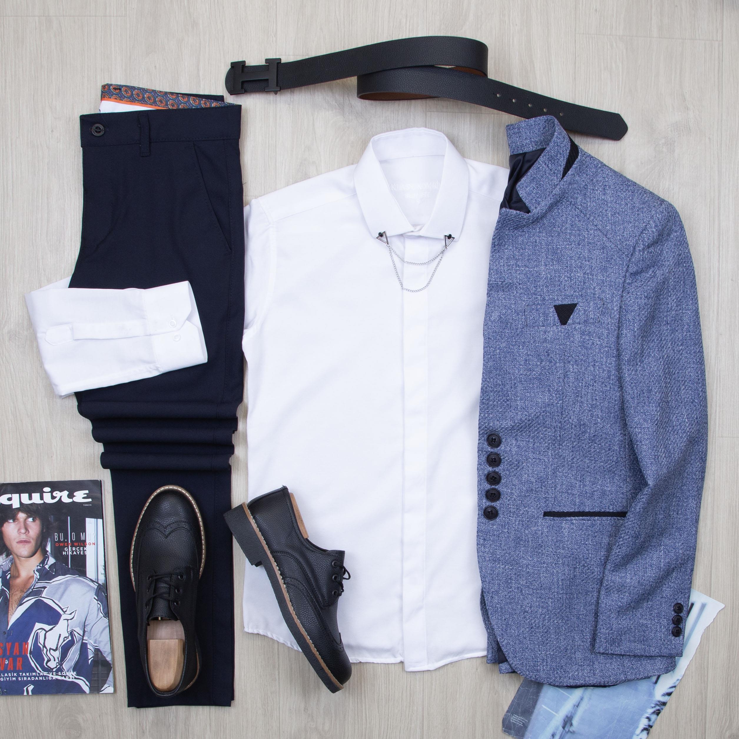 Mavi Dik Yaka Blazer Ceket Gömlek Pantolon Ayakkabı Kombin