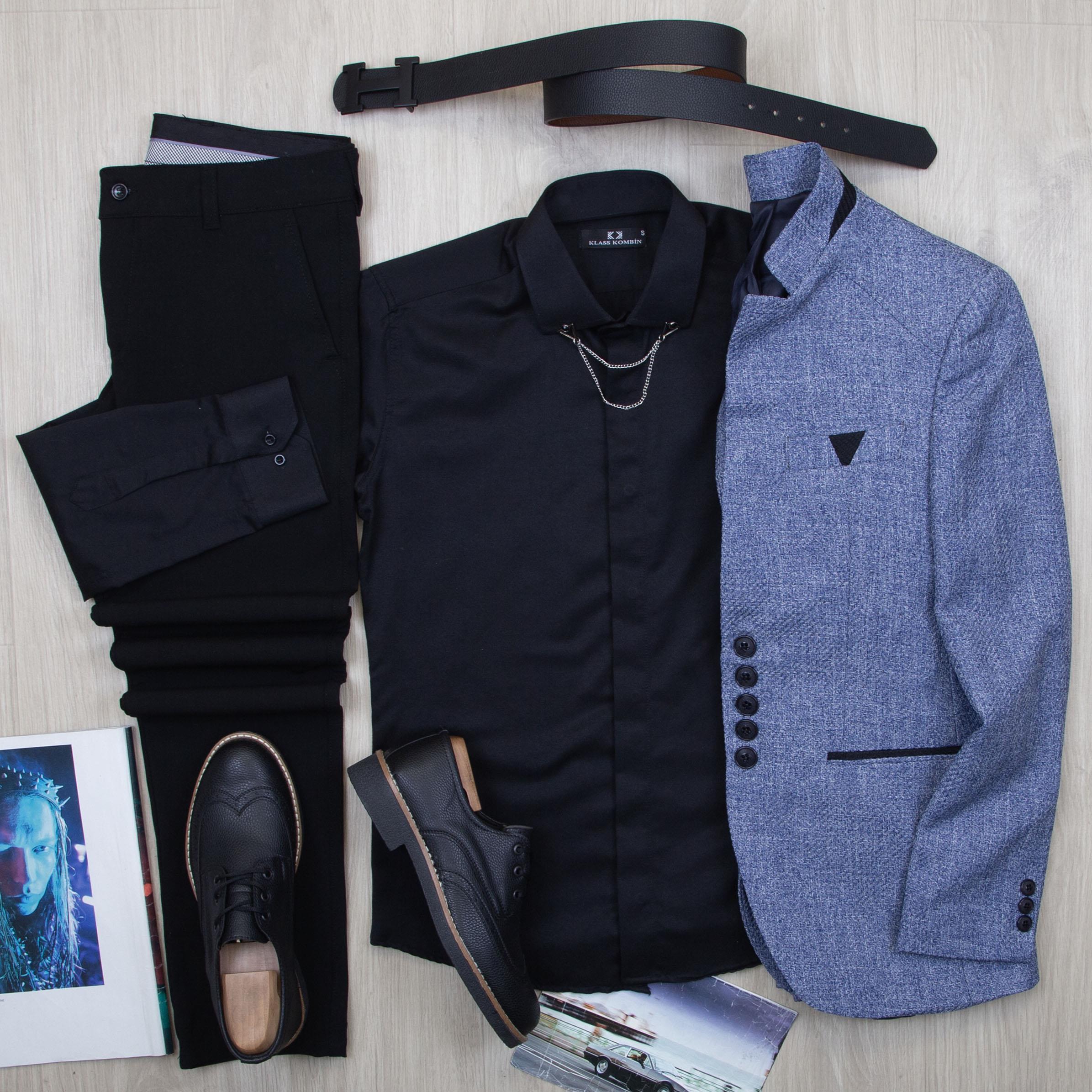 Mavi Dik Yaka Blazer Ceket Gömlek Pantolon Ayakkabı Kombin