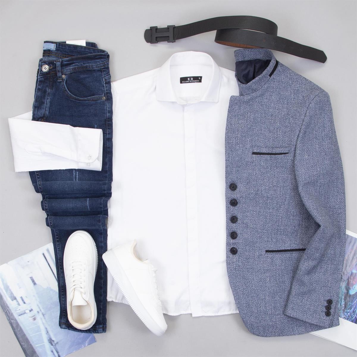 Mavi Dik Yaka Blazer Ceket Gömlek Pantolon Ayakkabı Kombin