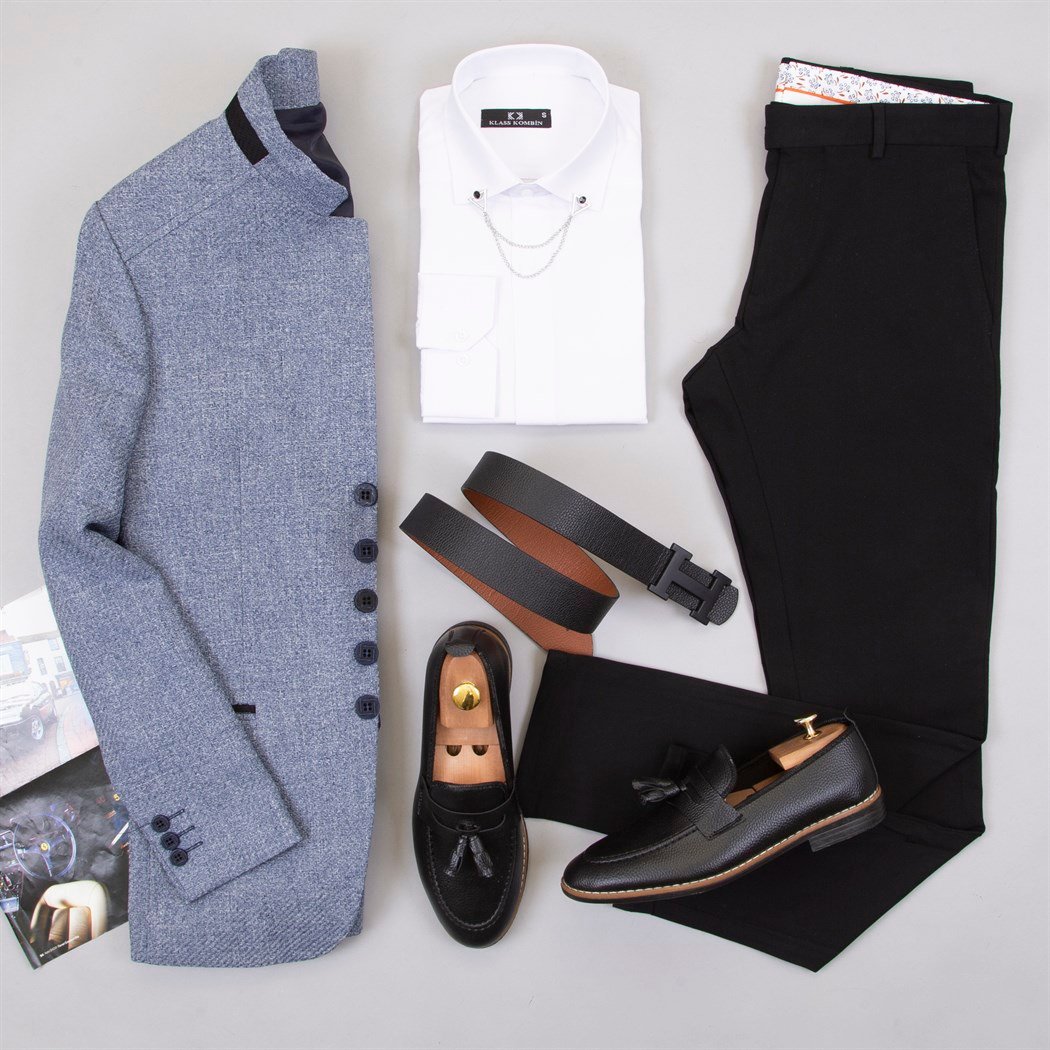 Mavi Dik Yaka Ceket Gömlek Pantolon Ayakkabı