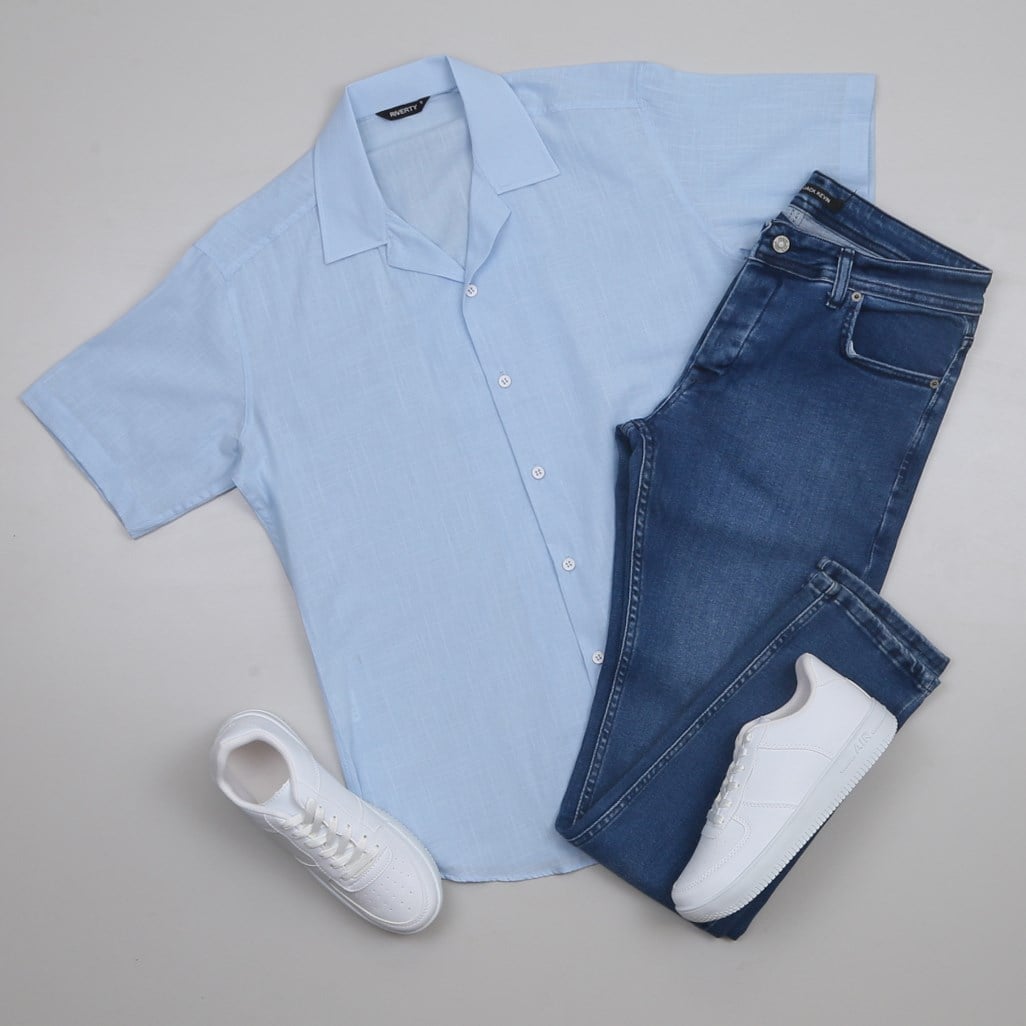 Mavi Kısa Kollu Gömlek Pantolon Kombini Erkek | Slim Fit Şık Günlük Set