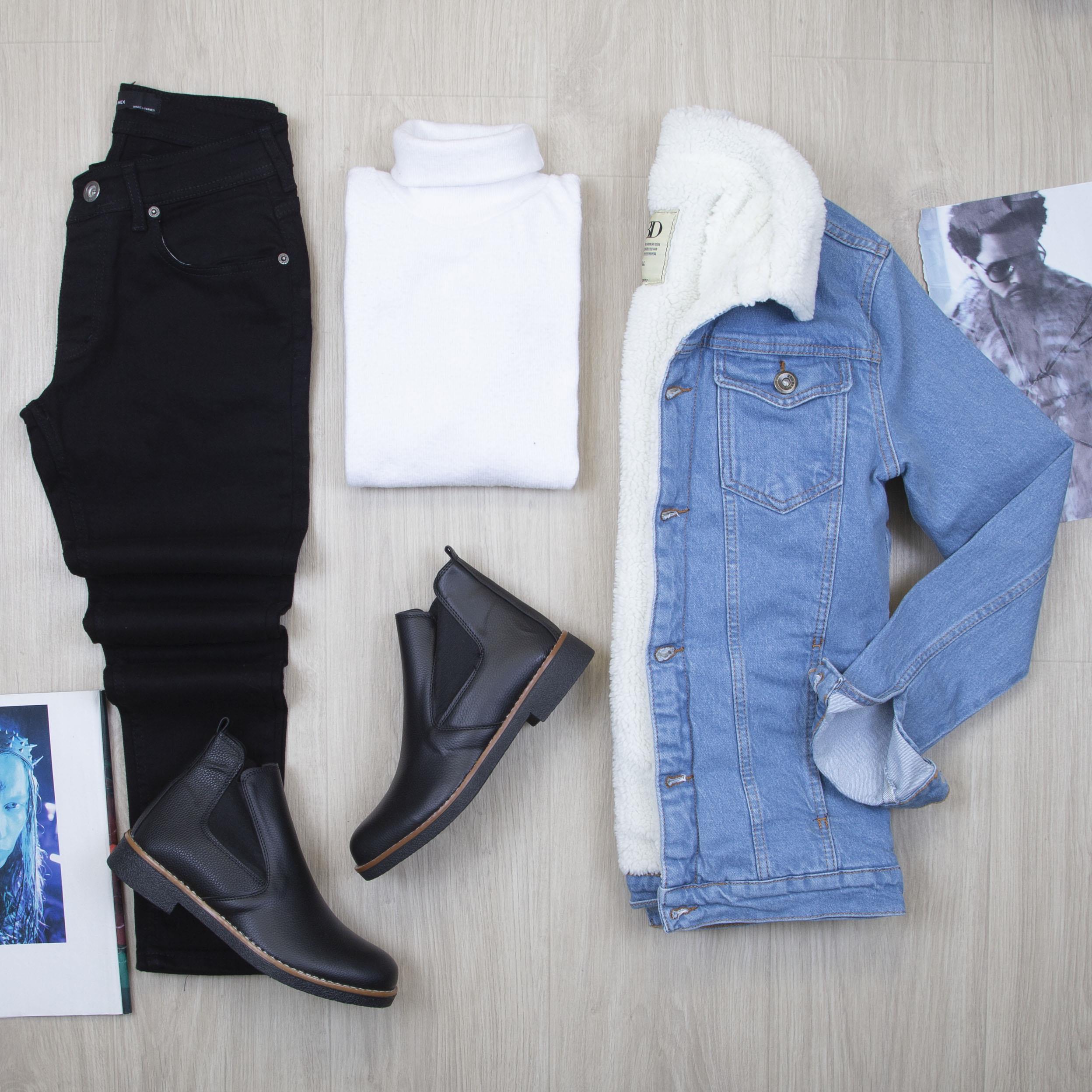 Mavi Kürklü Kot Ceket Boğazlı Body Pantolon Bot Kombin