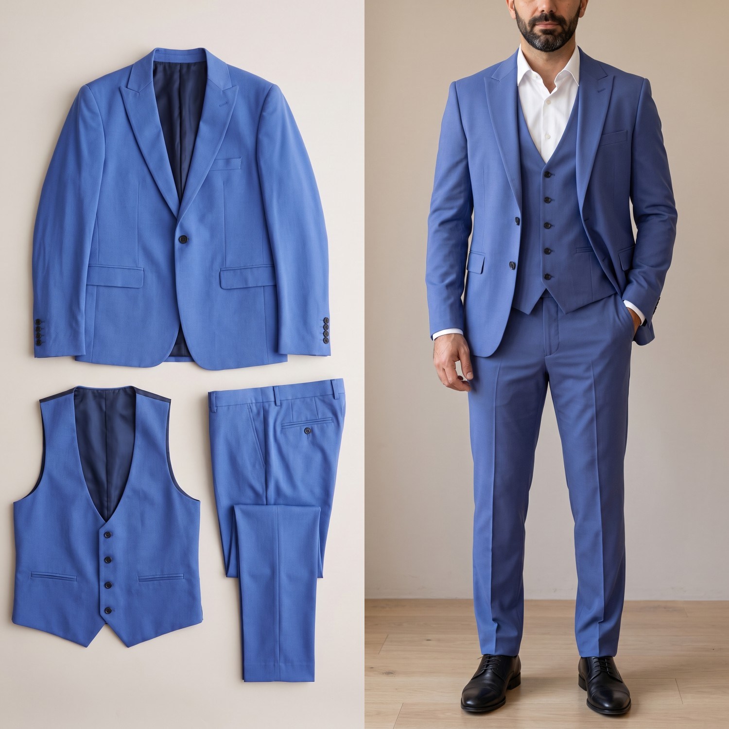 Saks Mavi Yelekli Takım Elbise Erkek | Slim Fit İndirimli Takım