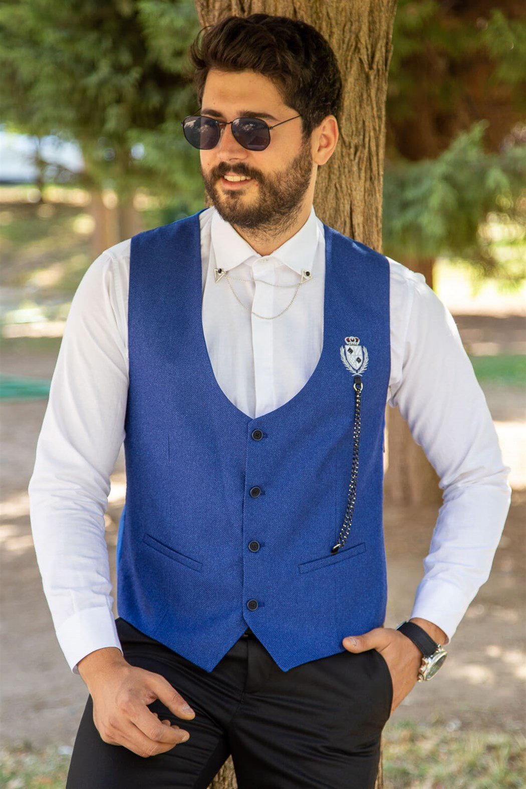 Sax rengi standart yaka zincirli model klasik yelek