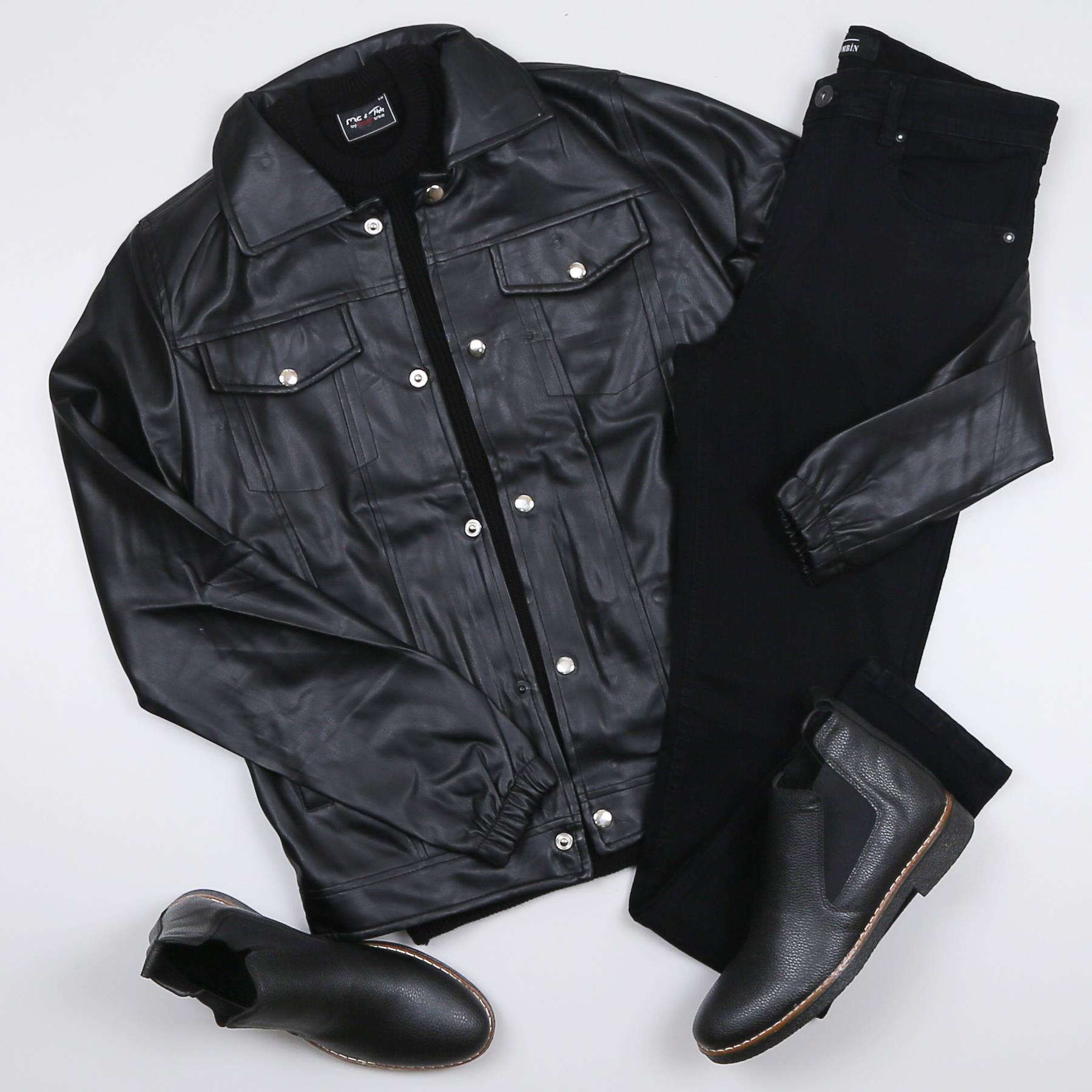 Siyah Cepli Deri Ceket Kazak Pantolon Bot Kombin