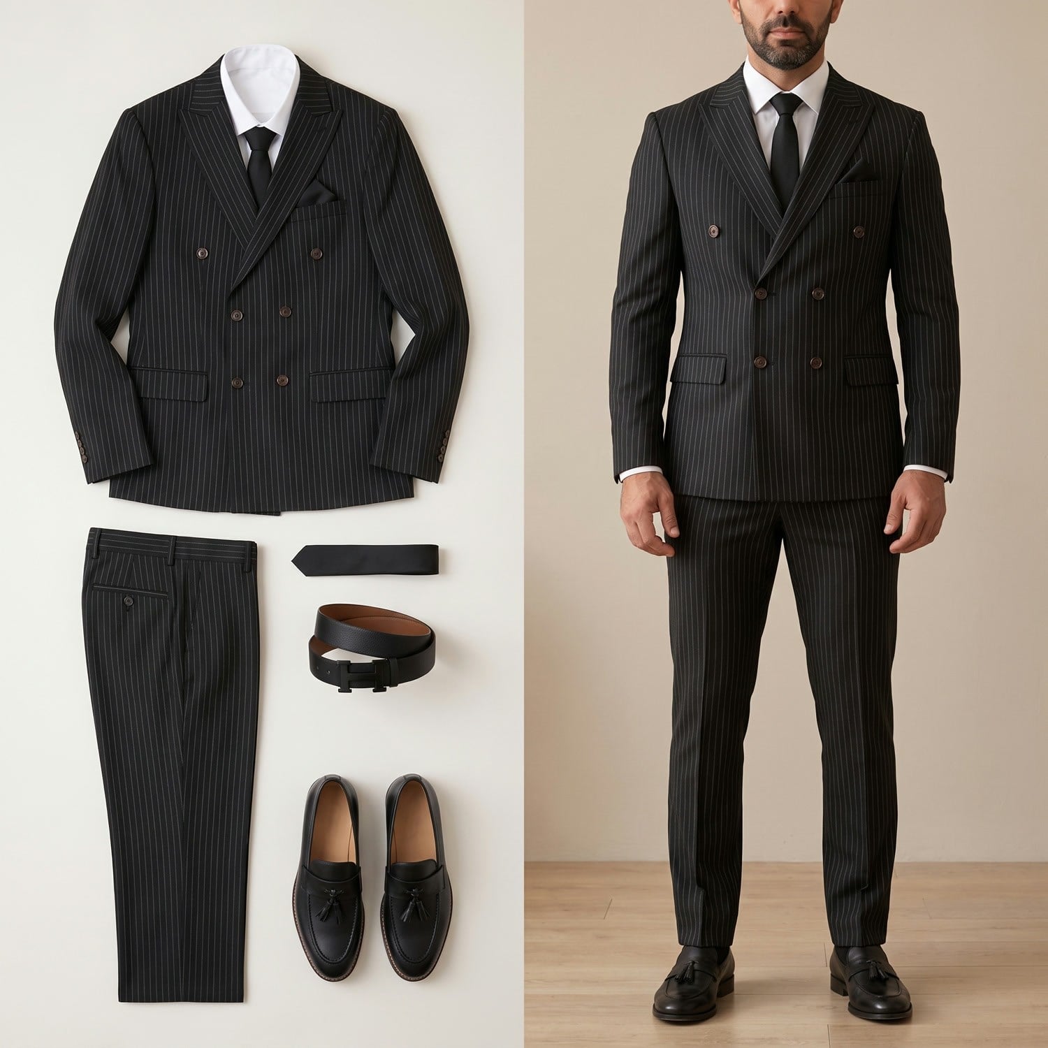Siyah Çizgili Kruvaze Takım Elbise Kombini Erkek | Slim Fit Şık Komple Set 