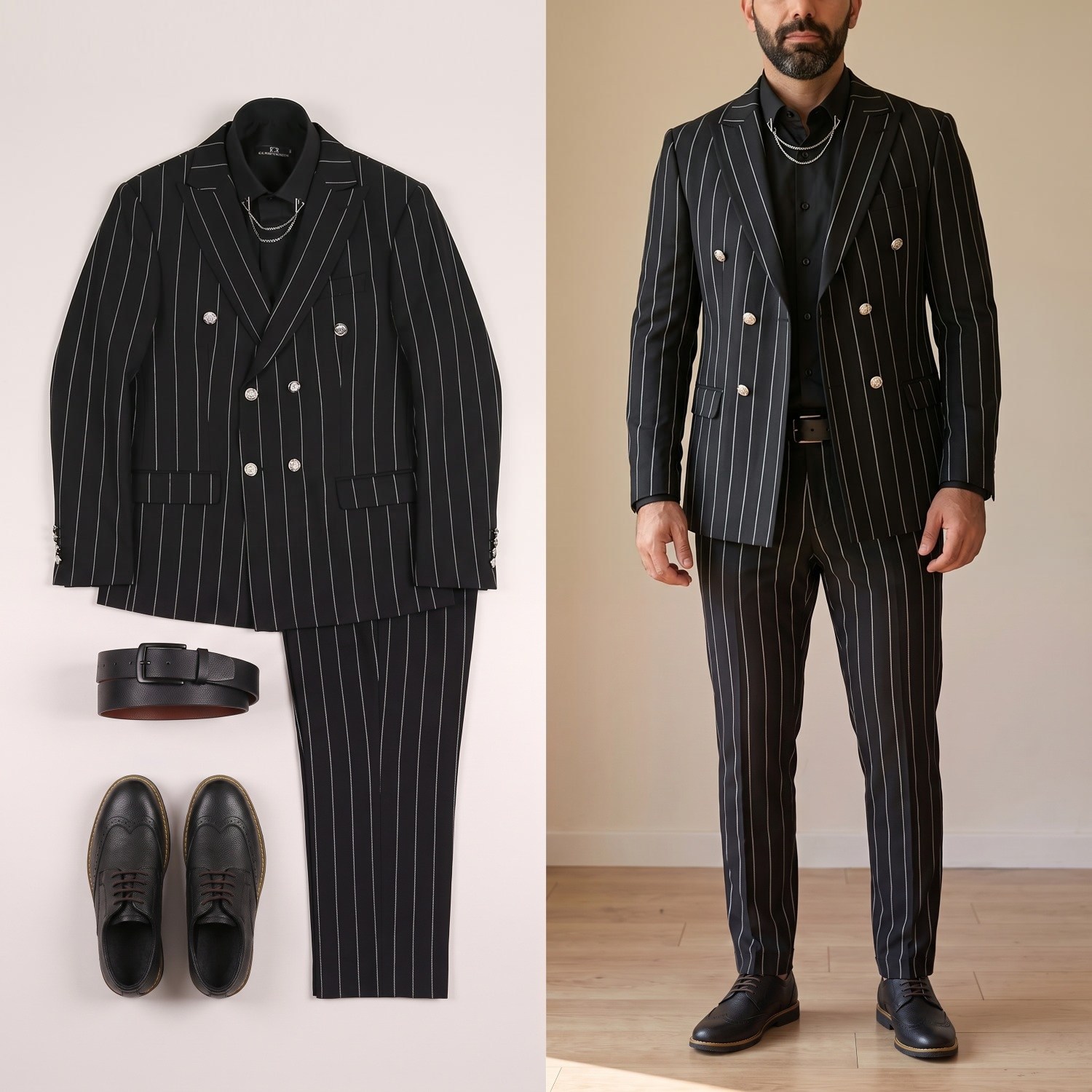 Siyah Çizgili Kruvaze Takım Elbise Kombini Erkek | Slim Fit Şık Komple 