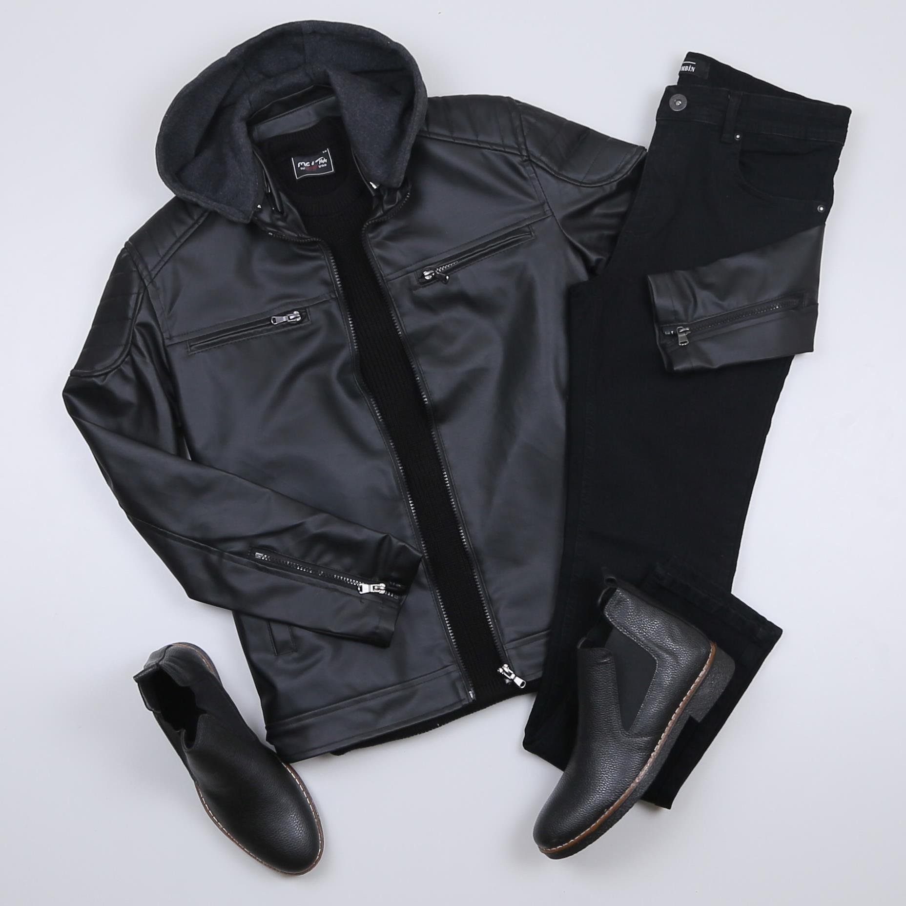 Siyah Deri Kapşonlu Ceket Kazak Pantolon Bot Kombin