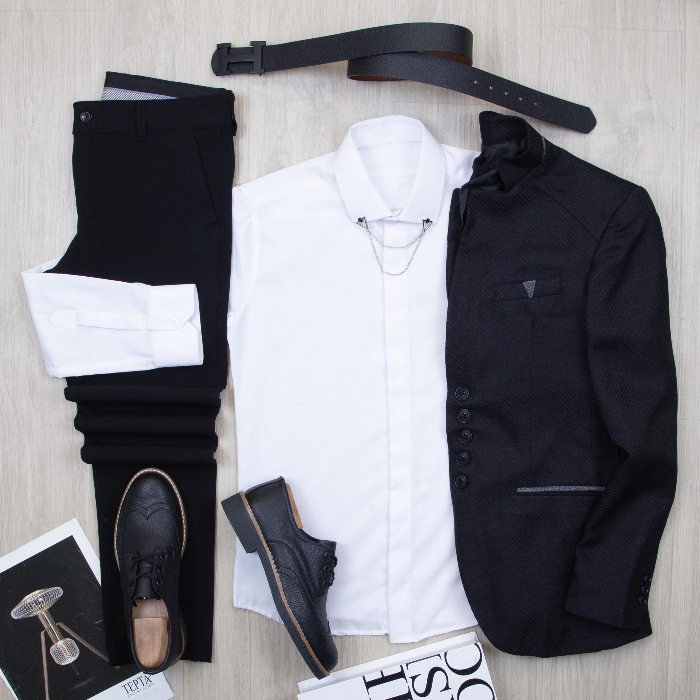 Siyah Dik Yaka Blazer Ceket Gömlek Pantolon Ayakkabı Kombin