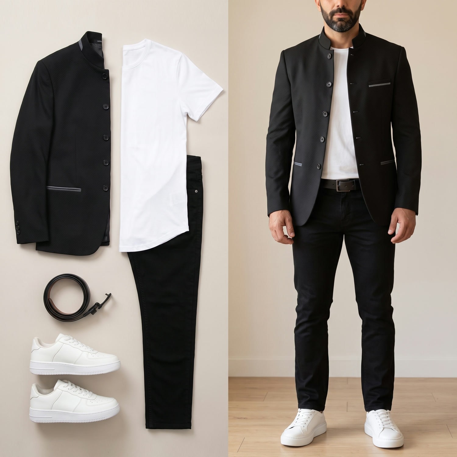 Siyah Dik Yaka Blazer Ceket Kombini Erkek | Slim Fit Şık Komple Set 